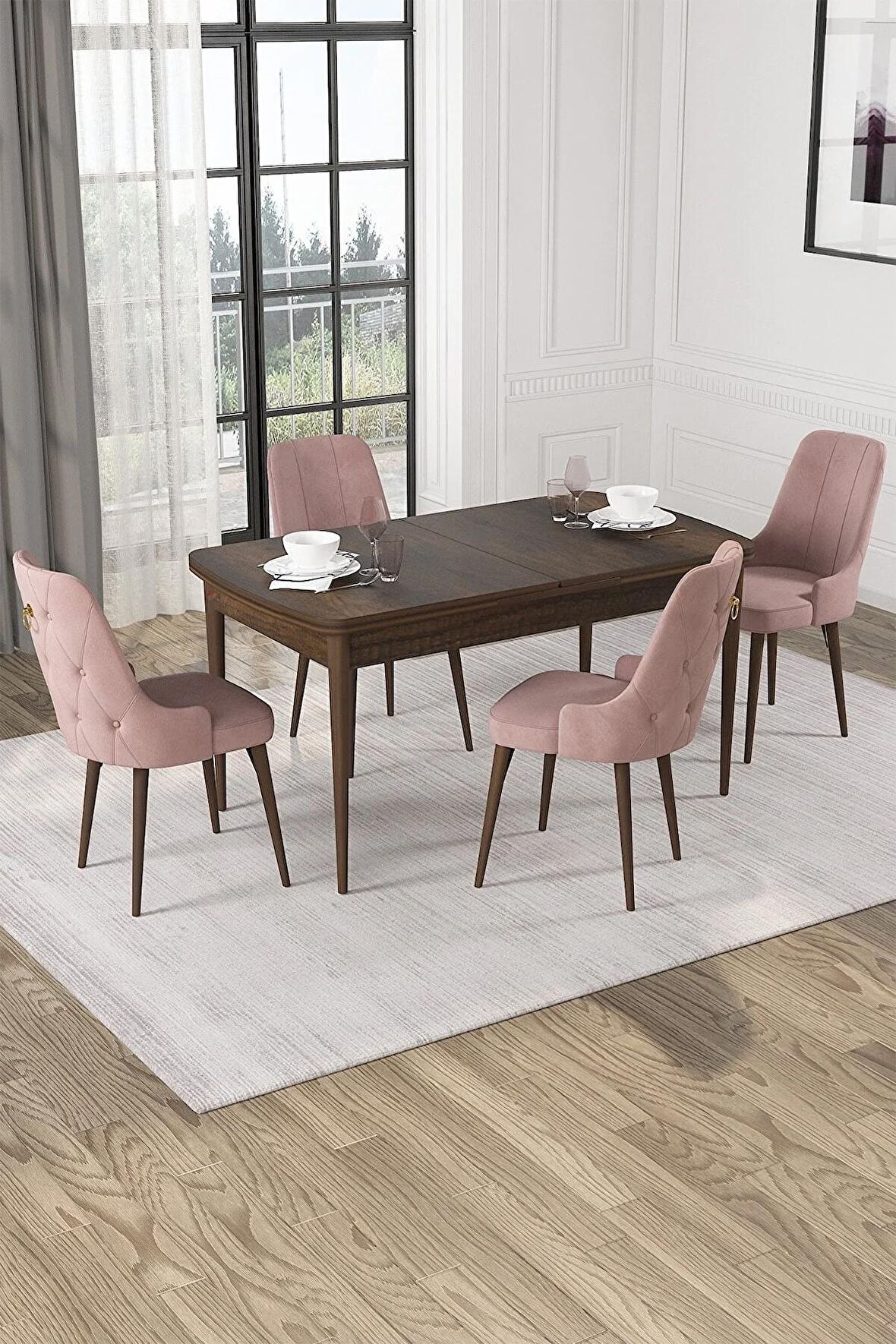 Rovena Mateo Barok 80x132 Açılabilir Suntalam Mutfak Masası Takımı 4 Adet Sandalye