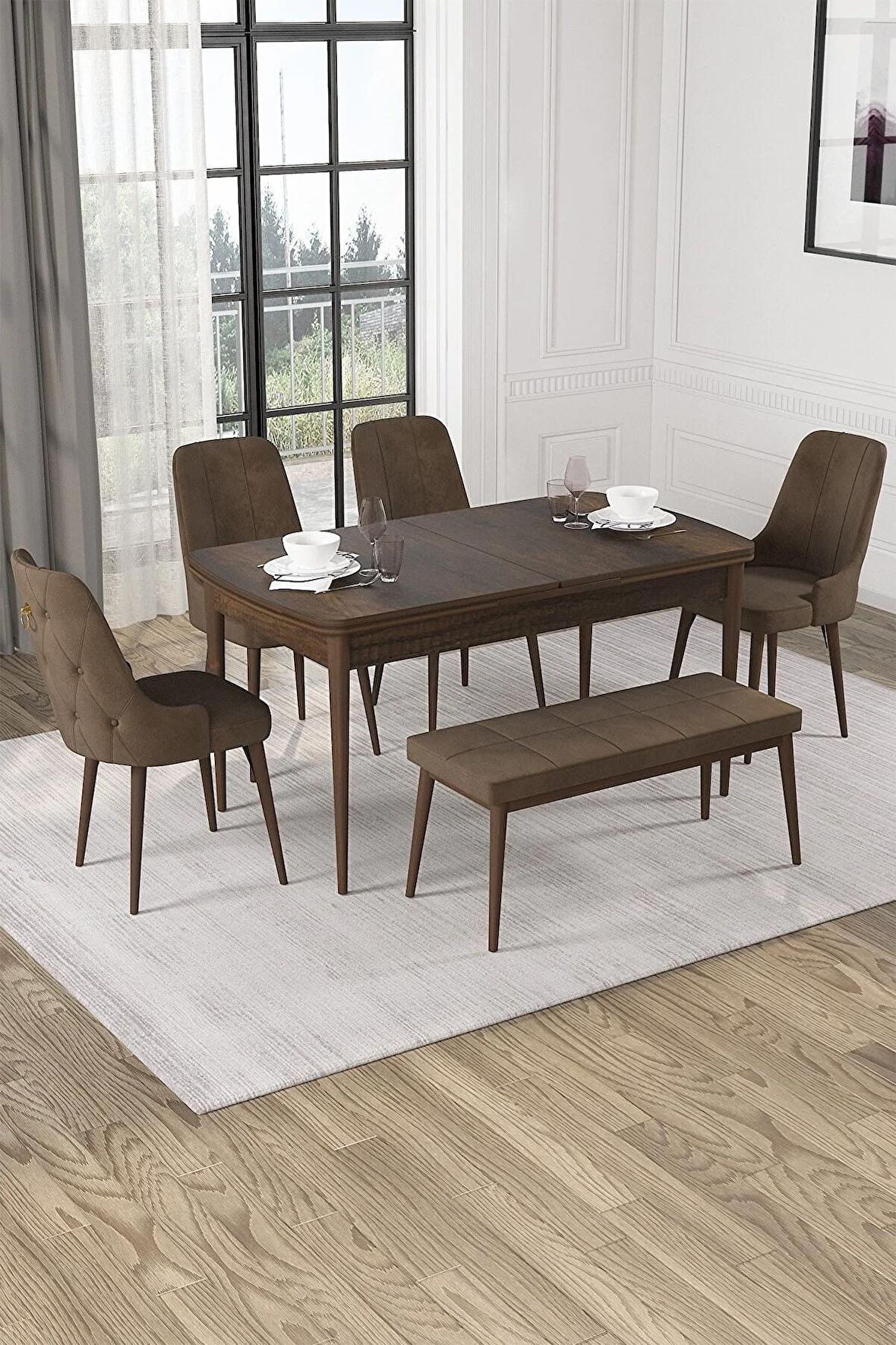 Rovena Mateo Barok 80x132 Açılabilir Suntalam Mutfak Masası Takımı 4 Adet Sandalye+1 Bench