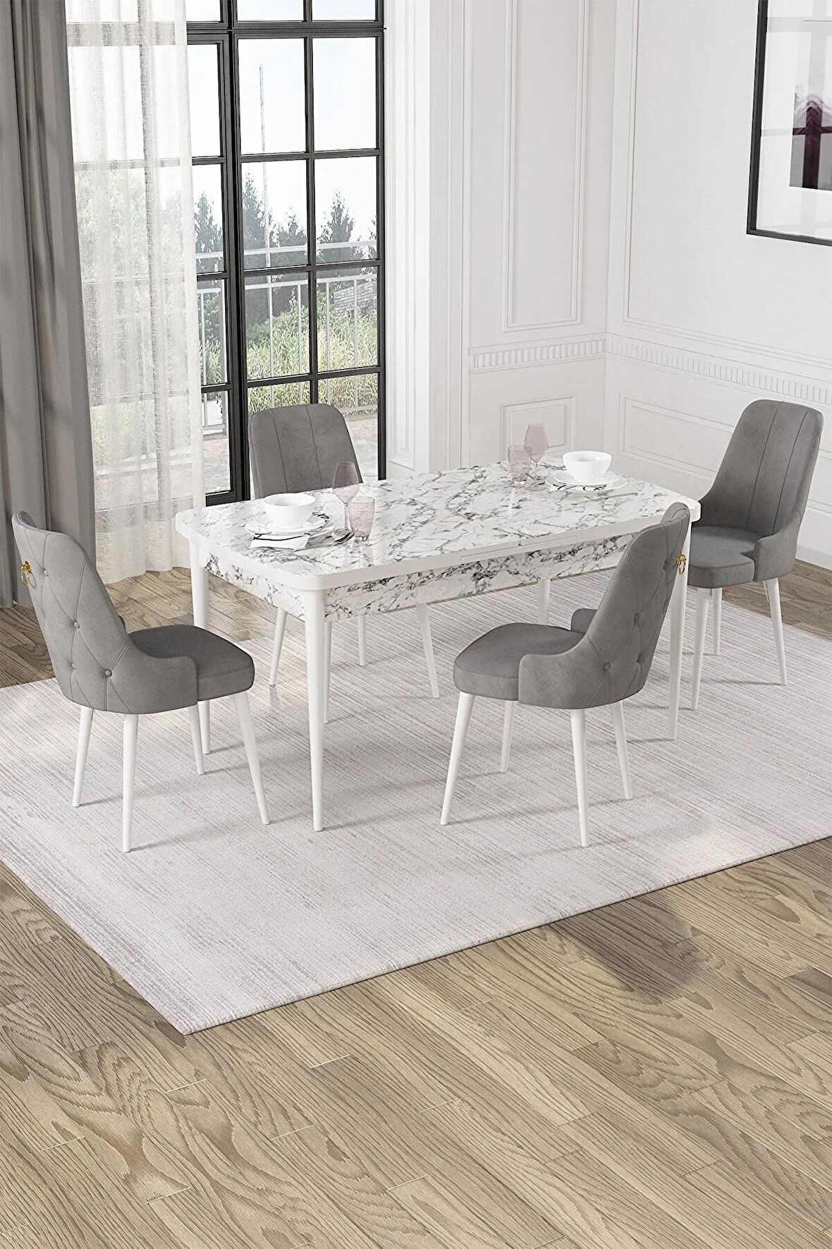 Rovena Mateo Beyaz Mermer 80x132 Açılabilir Suntalam Mutfak Masası Takımı 4 Adet Sandalye