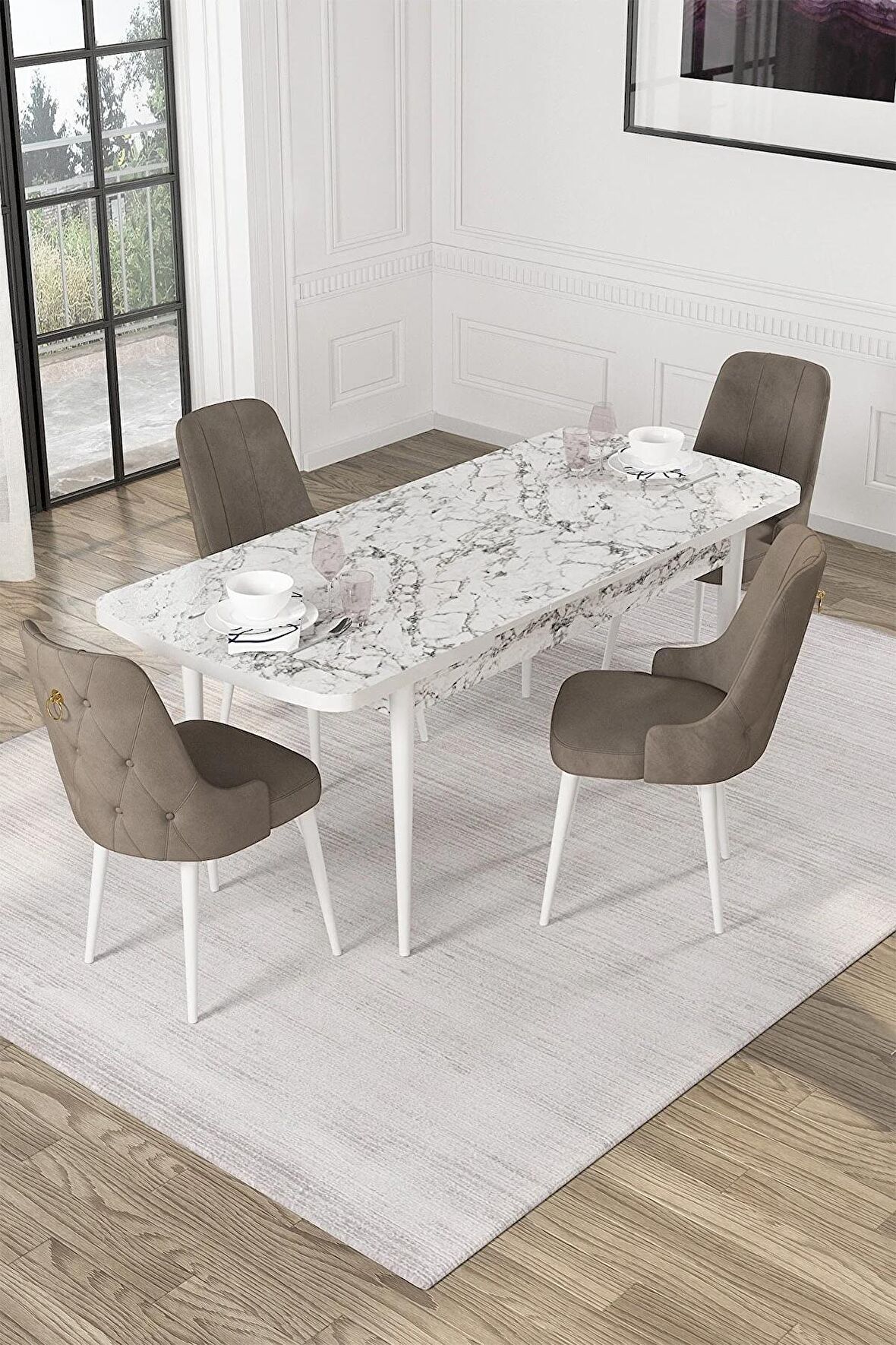 Rovena Mateo Beyaz Mermer 80x132 Açılabilir Suntalam Mutfak Masası Takımı 4 Adet Sandalye