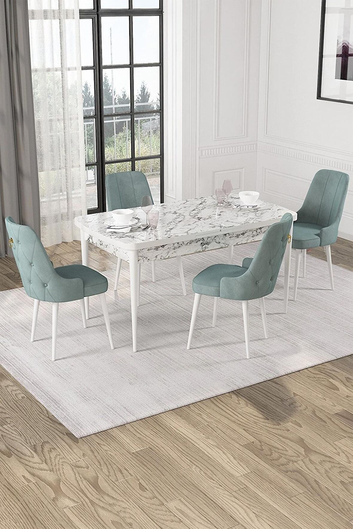 Rovena Mateo Beyaz Mermer 80x132 Açılabilir Suntalam Mutfak Masası Takımı 4 Adet Sandalye