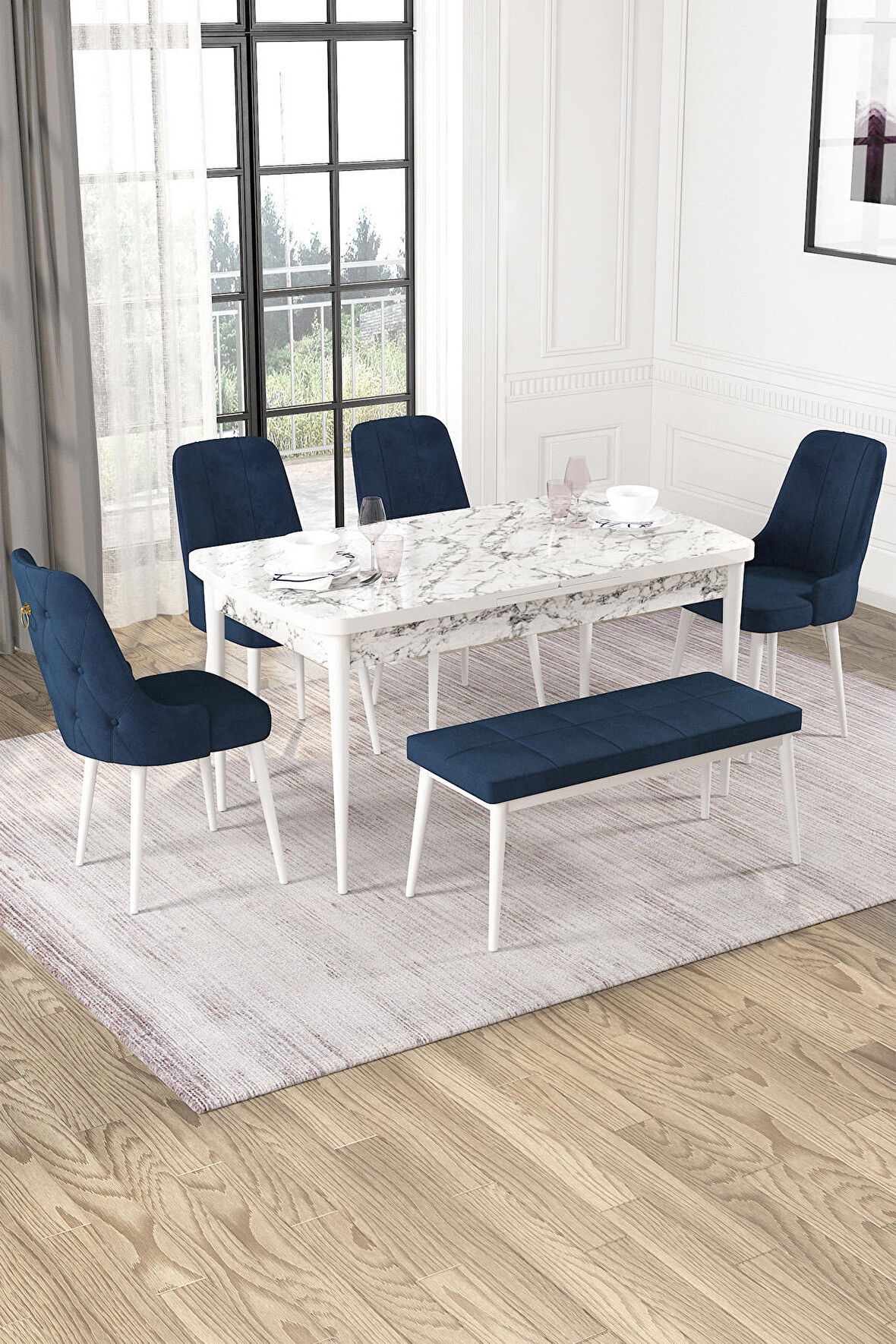Rovena Mateo Beyaz Mermer 80x132 Açılabilir Suntalam Mutfak Masası Takımı 4 Adet Sandalye+1 Bench