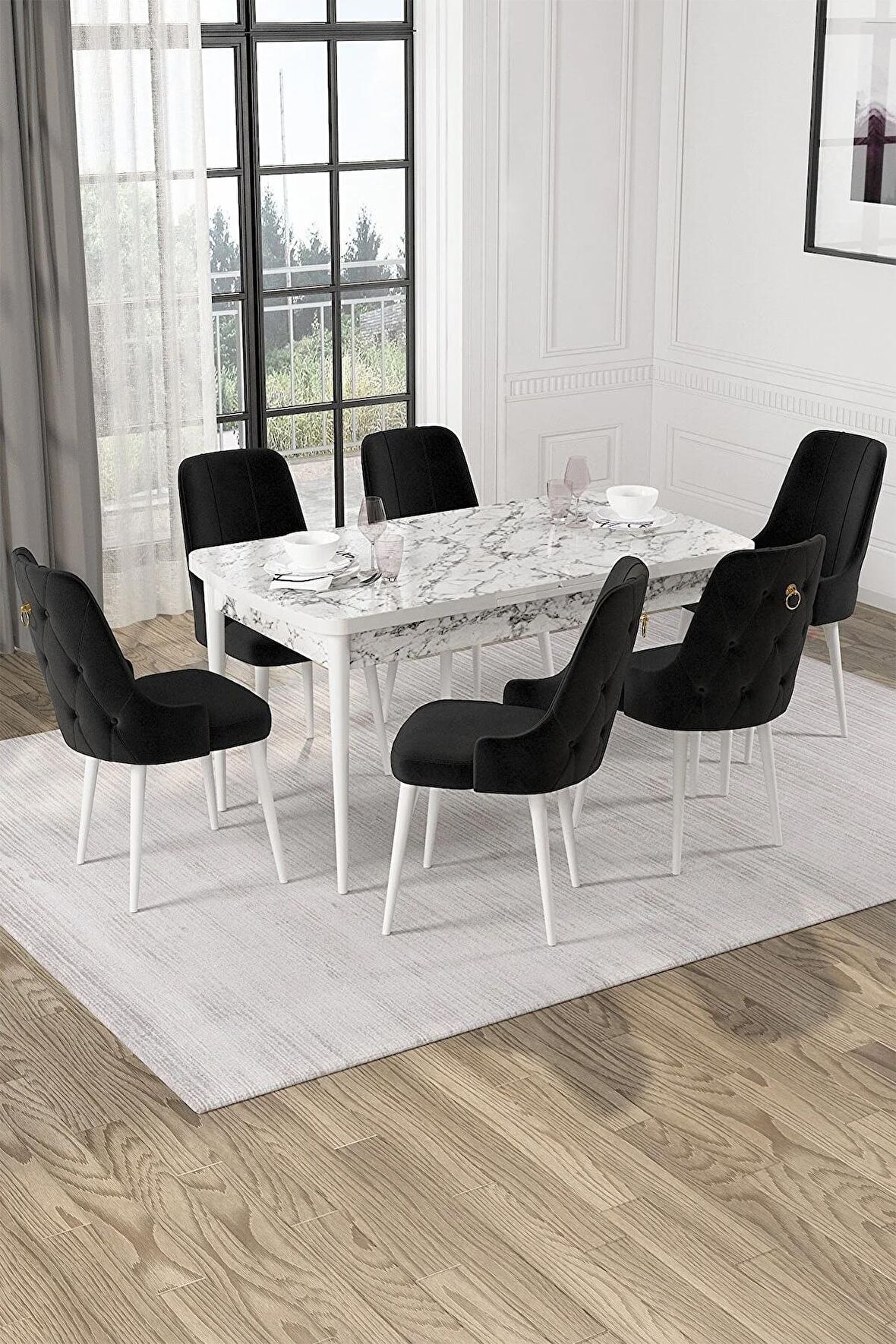 Rovena Mateo Beyaz Mermer 80x132 Açılabilir Suntalam Mutfak Masası Takımı 6 Adet Sandalye