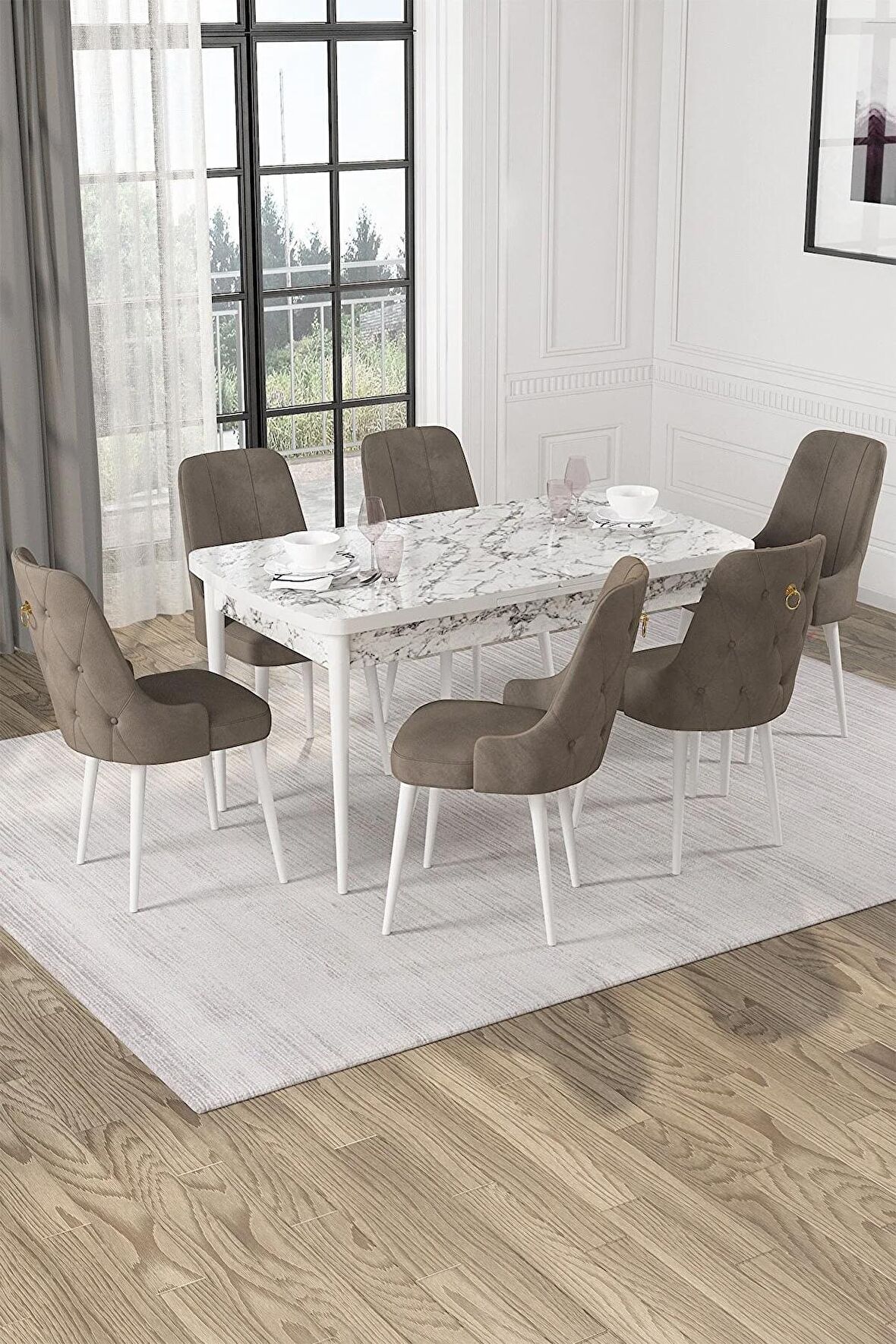 Rovena Mateo Beyaz Mermer 80x132 Açılabilir Suntalam Mutfak Masası Takımı 6 Adet Sandalye