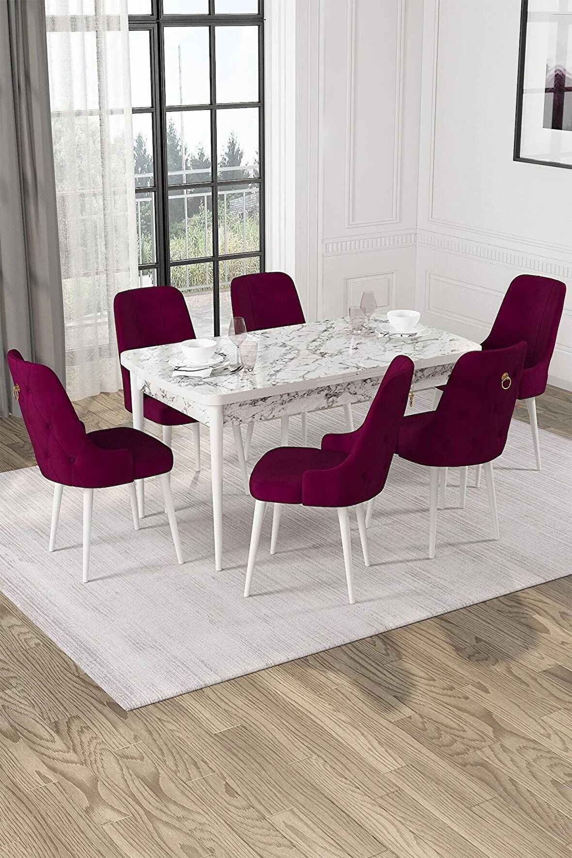 Rovena Mateo Beyaz Mermer 80x132 Açılabilir Suntalam Mutfak Masası Takımı 6 Adet Sandalye