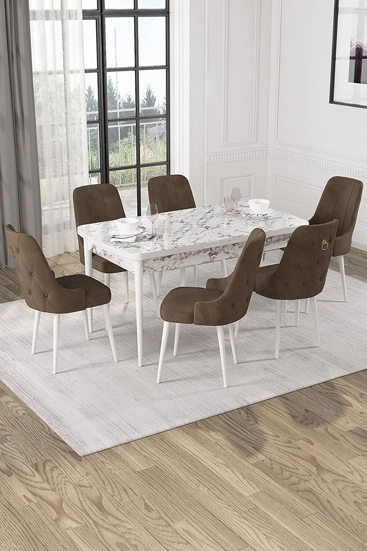 Rovena Mateo Beyaz Mermer 80x132 Açılabilir Suntalam Mutfak Masası Takımı 6 Adet Sandalye