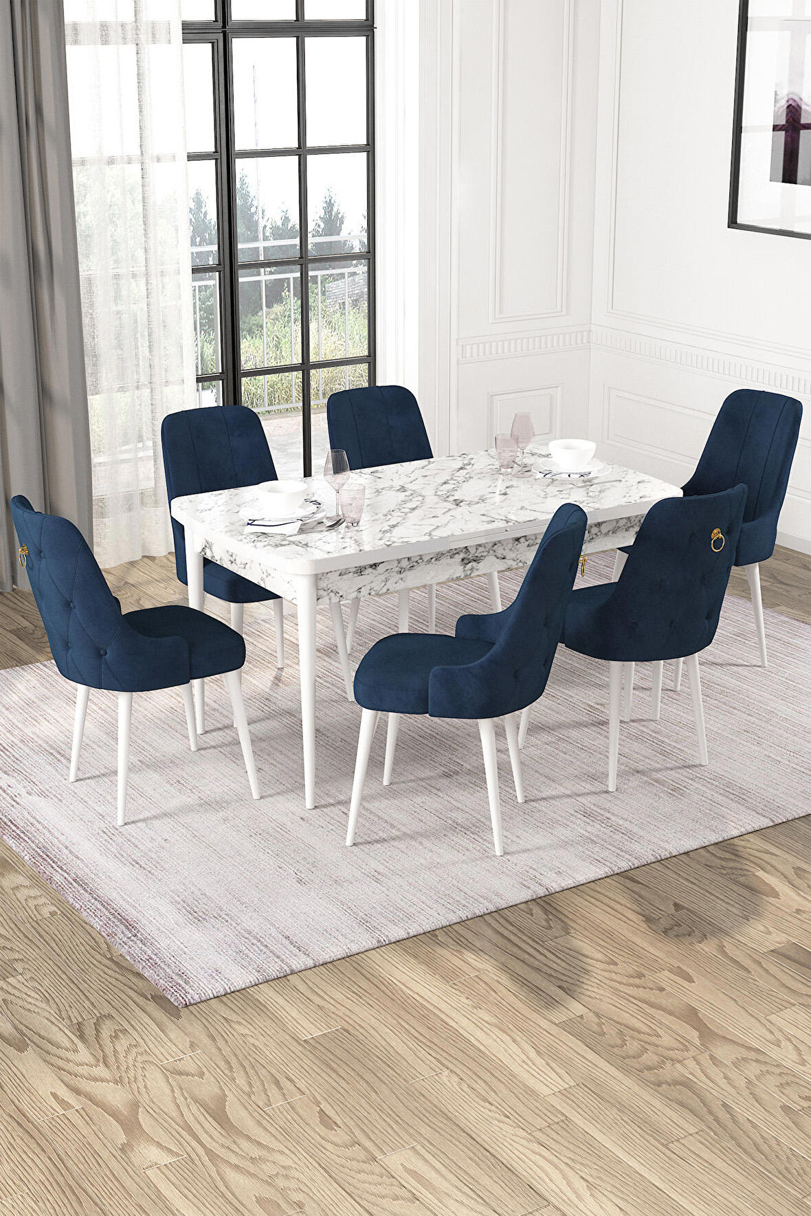 Rovena Mateo Beyaz Mermer 80x132 Açılabilir Suntalam Mutfak Masası Takımı 6 Adet Sandalye