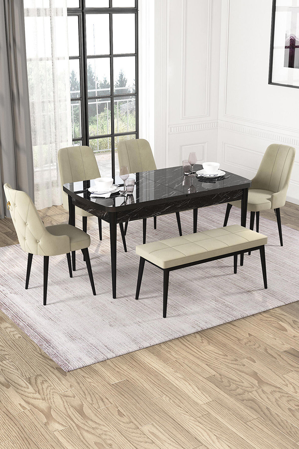 Rovena Mateo Siyah Mermer 80x132 Açılabilir Suntalam Mutfak Masası Takımı 4 Adet Sandalye+1 Bench