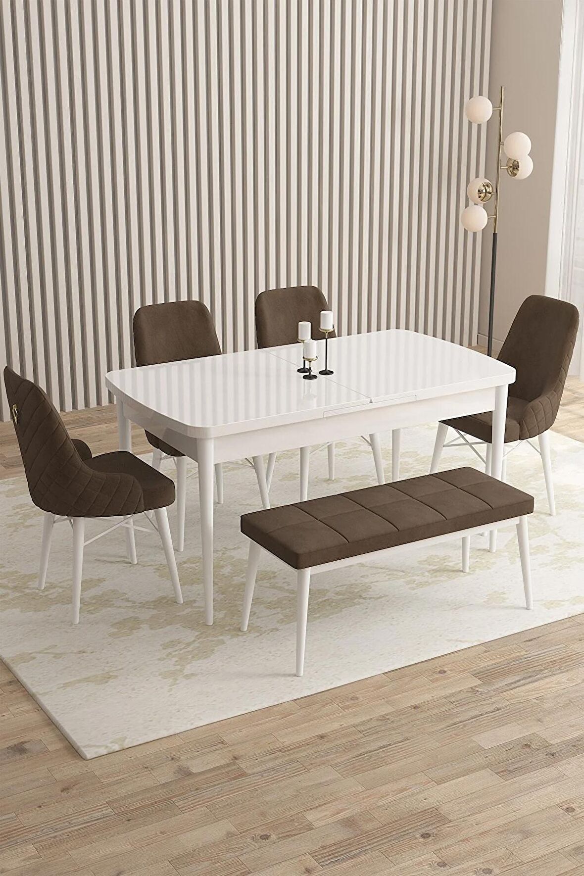 Rovena Queen Beyaz 80x132 Açılabilir Suntalam Mutfak Masası Takımı 4 Adet Sandalye+1 Bench