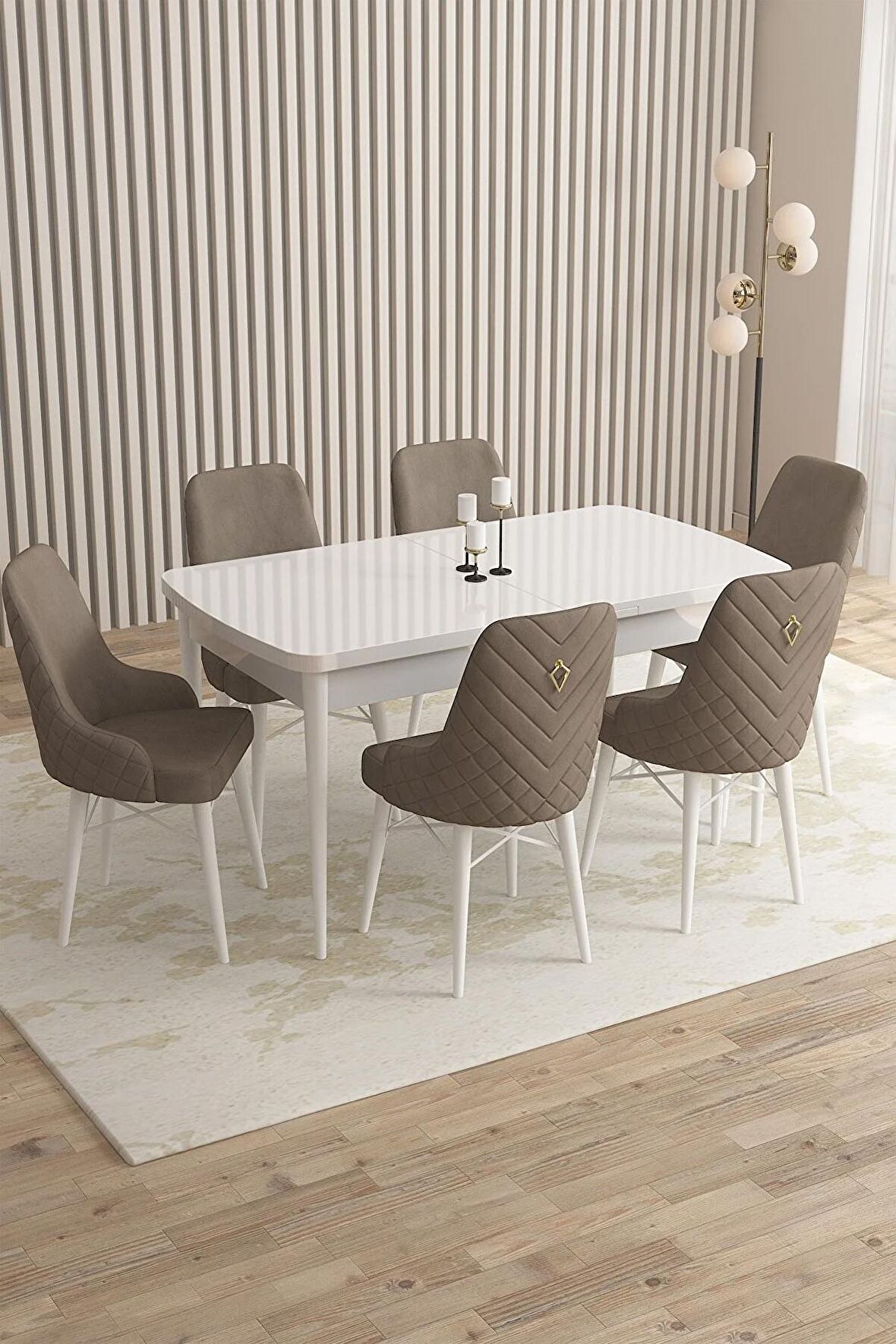 Rovena Queen Beyaz 80x132 Açılabilir Suntalam Mutfak Masası Takımı 6 Adet Sandalye