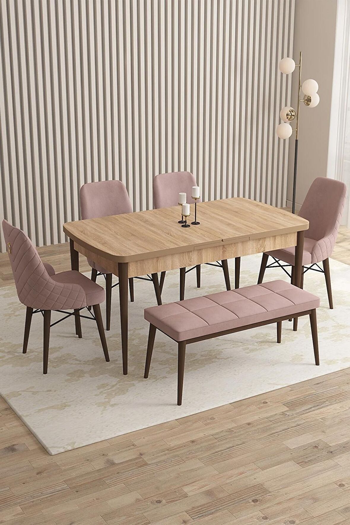 Rovena Queen Meşe 80x132 Açılabilir Suntalam Mutfak Masası Takımı 4 Adet Sandalye+1 Bench