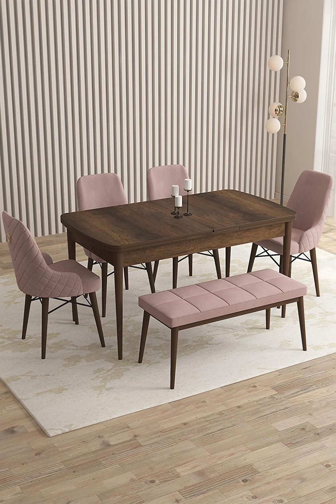 Rovena Queen Barok 80x132 Açılabilir Suntalam Mutfak Masası Takımı 4 Adet Sandalye+1 Bench