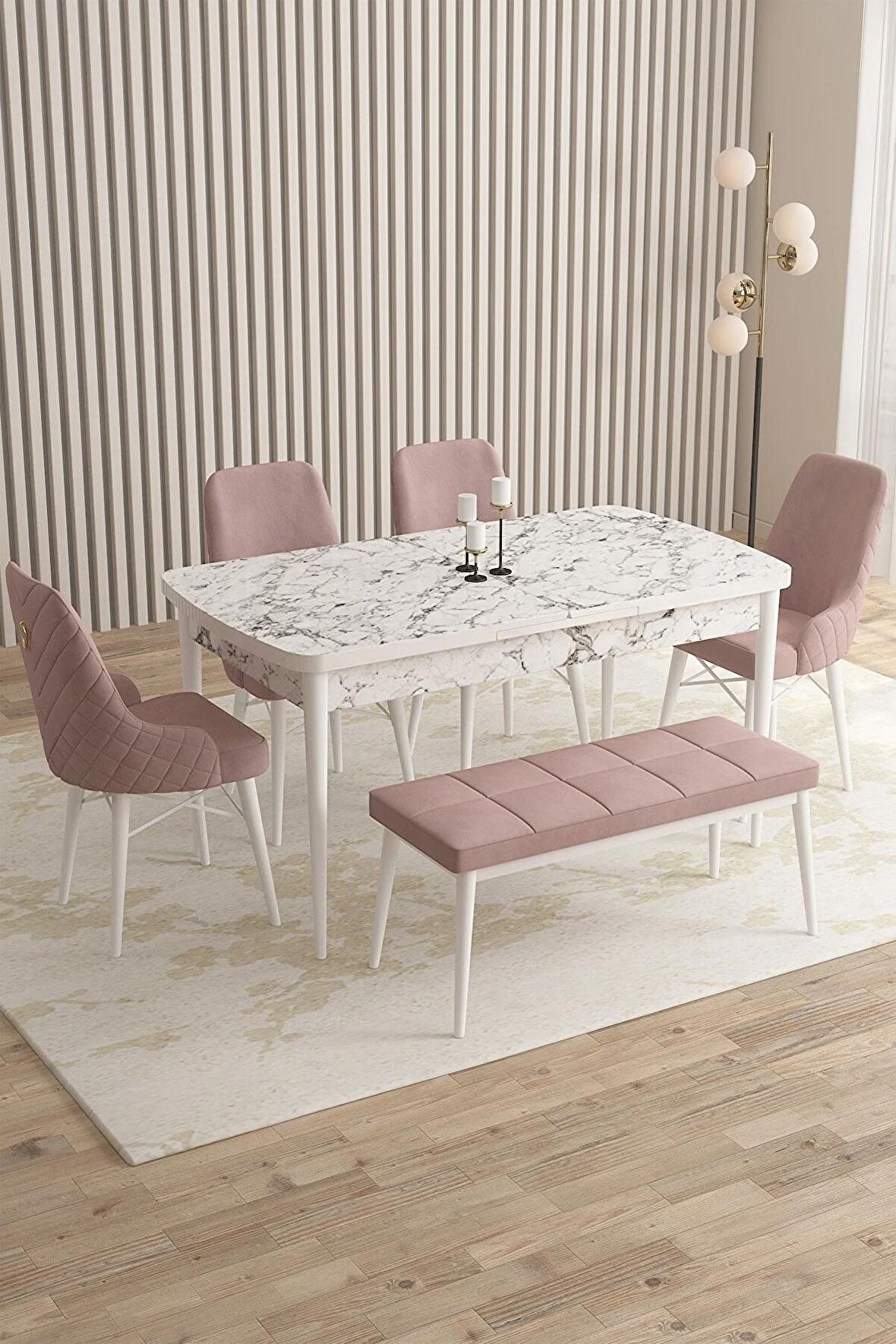 Rovena Queen Beyaz Mermer 80x132 Açılabilir Suntalam Mutfak Masası Takımı 4 Adet Sandalye+1 Bench