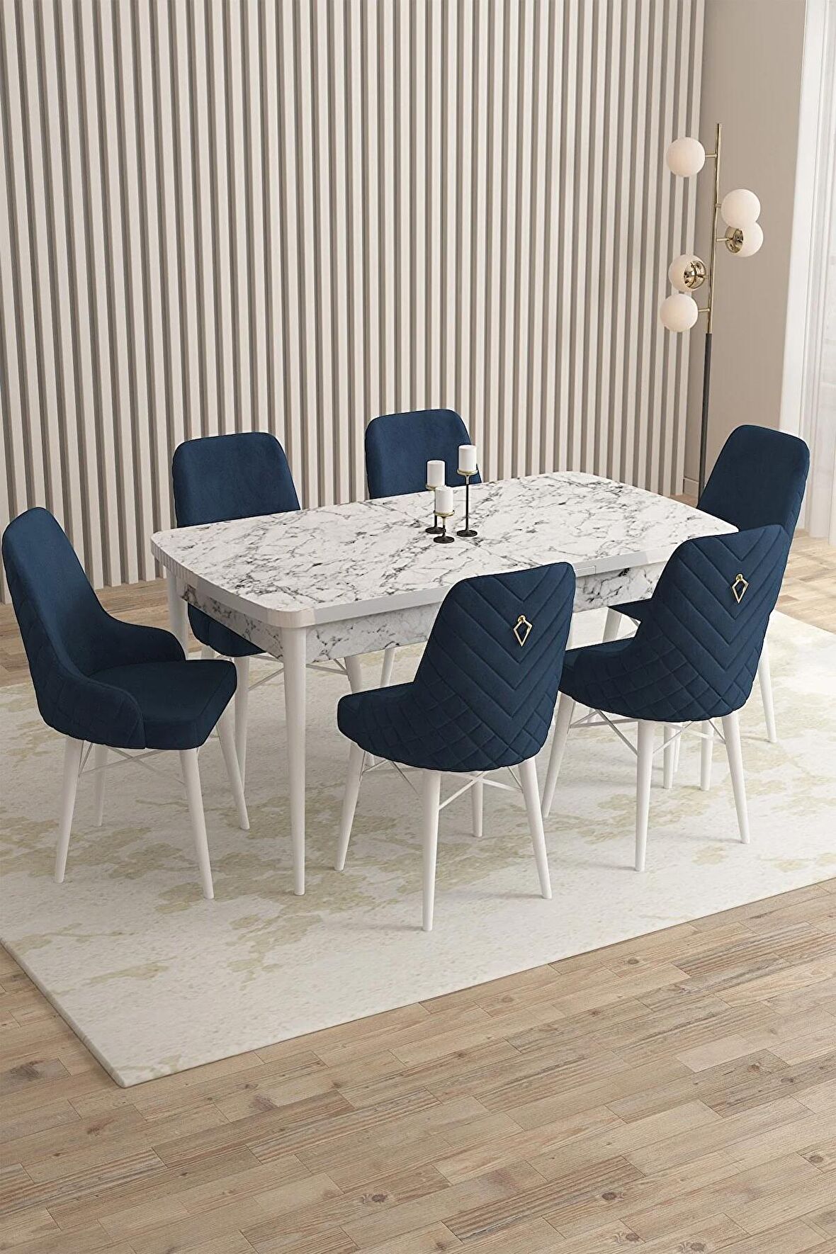 Rovena Queen Beyaz Mermer 80x132 Açılabilir Suntalam Mutfak Masası Takımı 6 Adet Sandalye