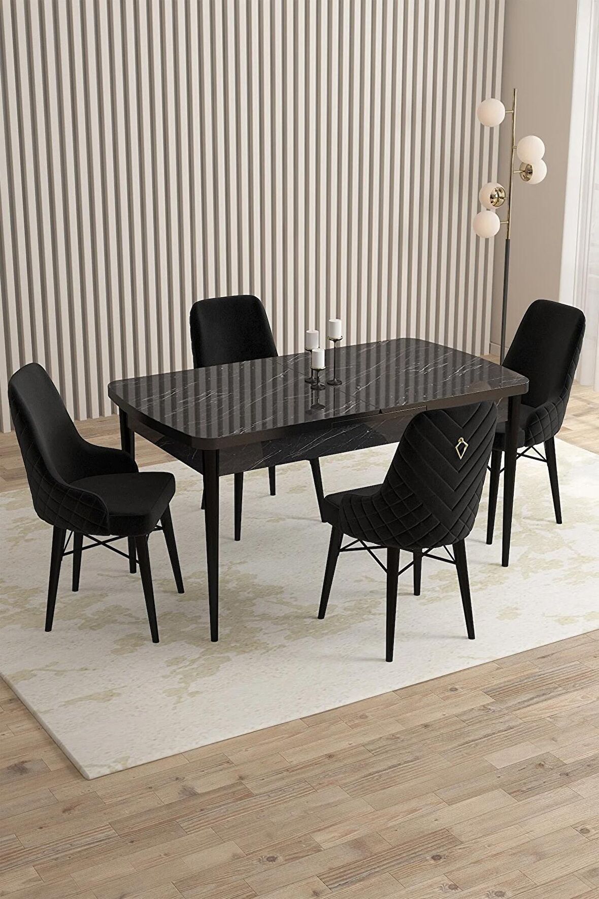 Rovena Queen Siyah Mermer 80x132 Açılabilir Suntalam Mutfak Masası Takımı 4 Adet Sandalye