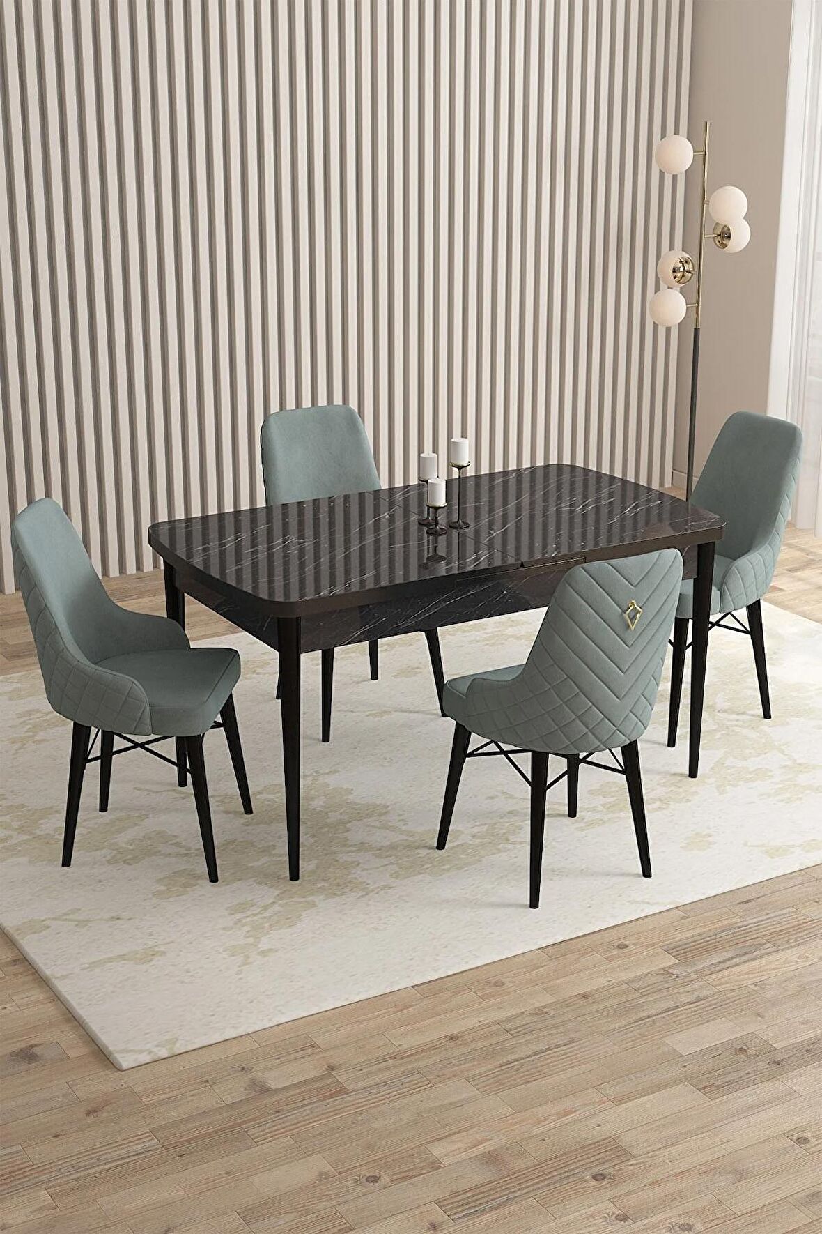 Rovena Queen Siyah Mermer 80x132 Açılabilir Suntalam Mutfak Masası Takımı 4 Adet Sandalye