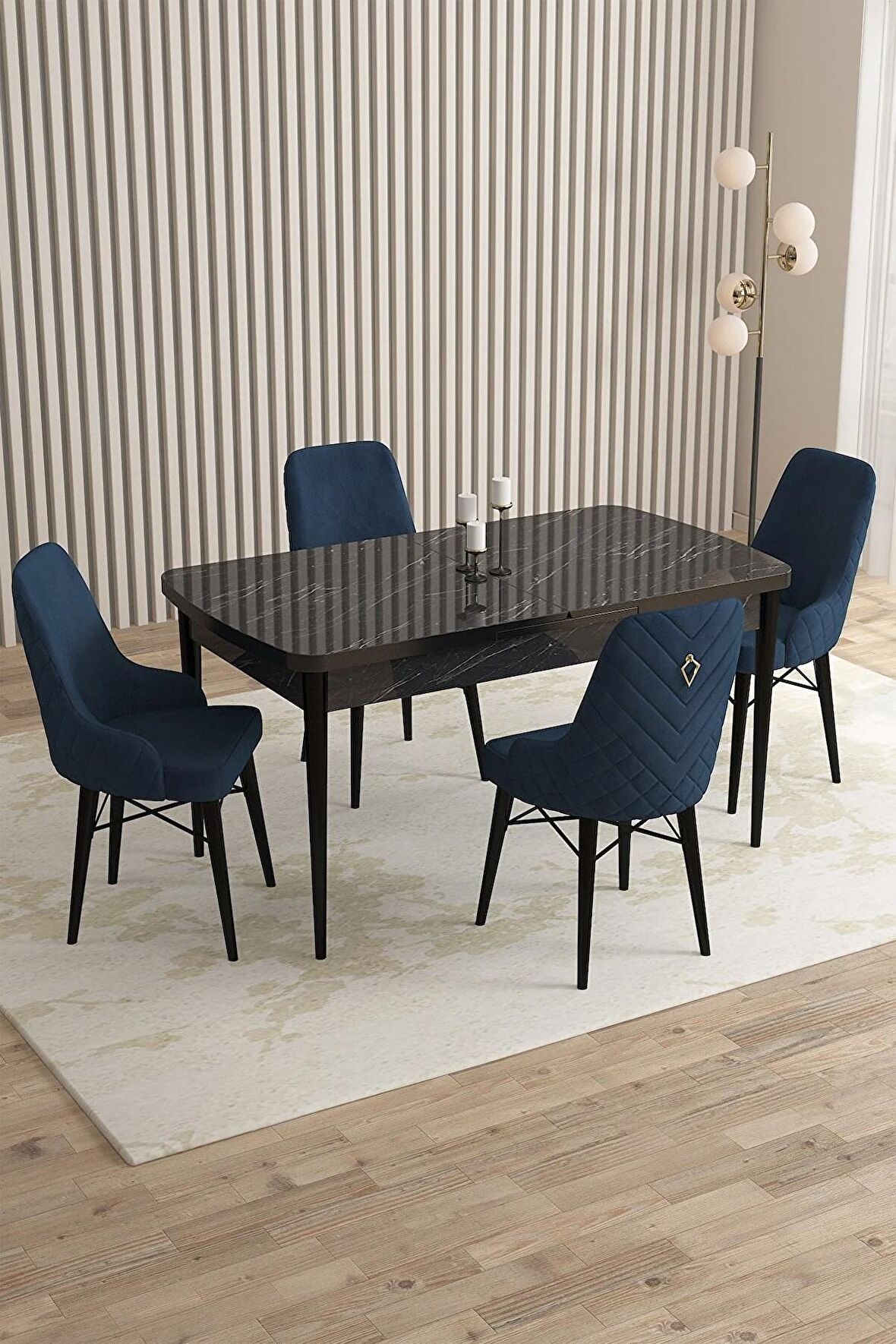 Rovena Queen Siyah Mermer 80x132 Açılabilir Suntalam Mutfak Masası Takımı 4 Adet Sandalye