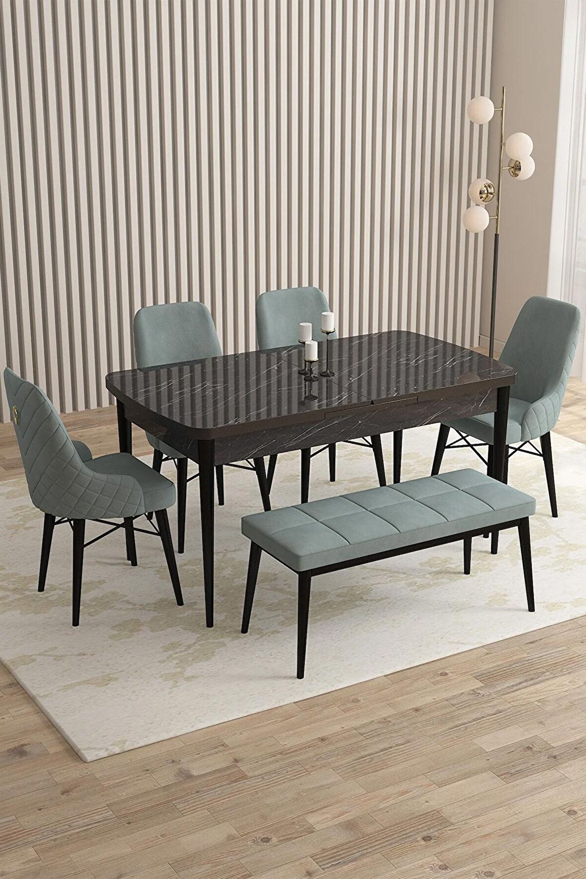 Rovena Queen Siyah Mermer 80x132 Açılabilir Suntalam Mutfak Masası Takımı 4 Adet Sandalye+1 Bench