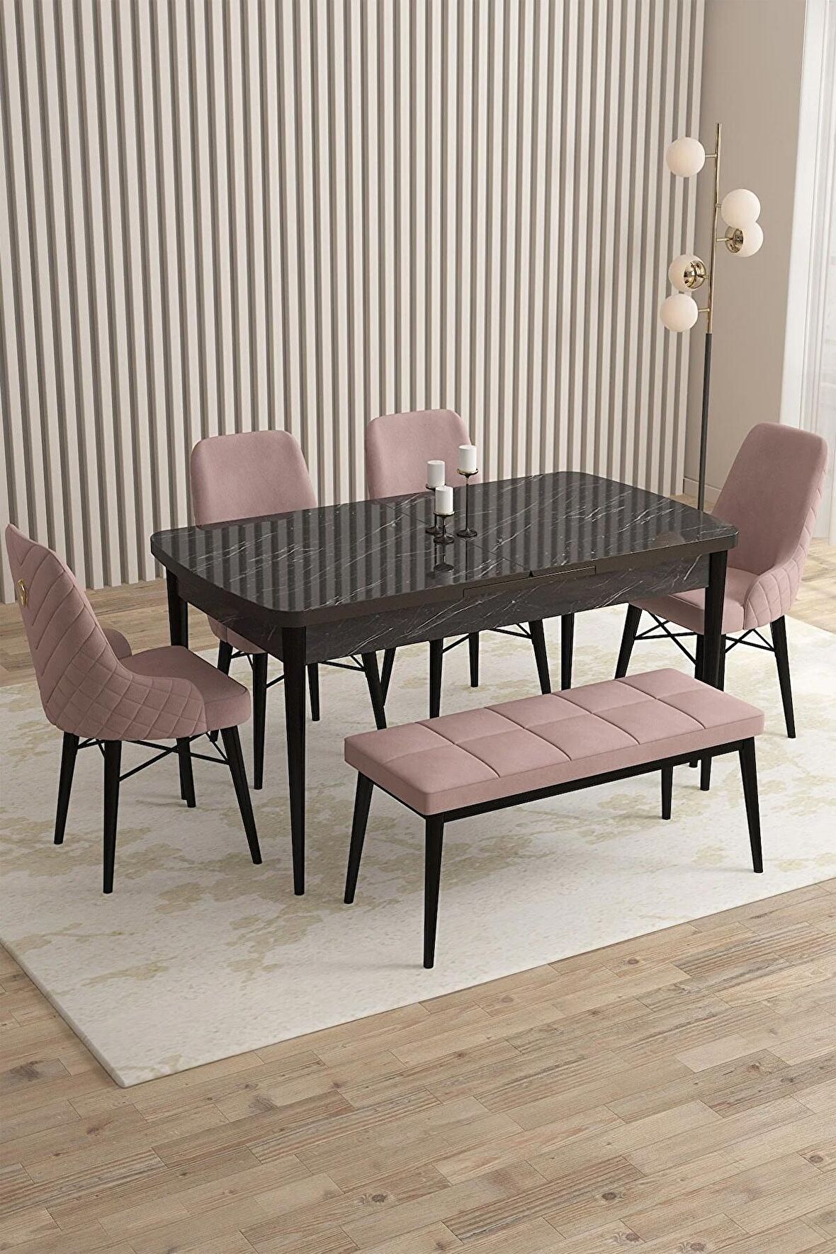 Rovena Queen Siyah Mermer 80x132 Açılabilir Suntalam Mutfak Masası Takımı 4 Adet Sandalye+1 Bench