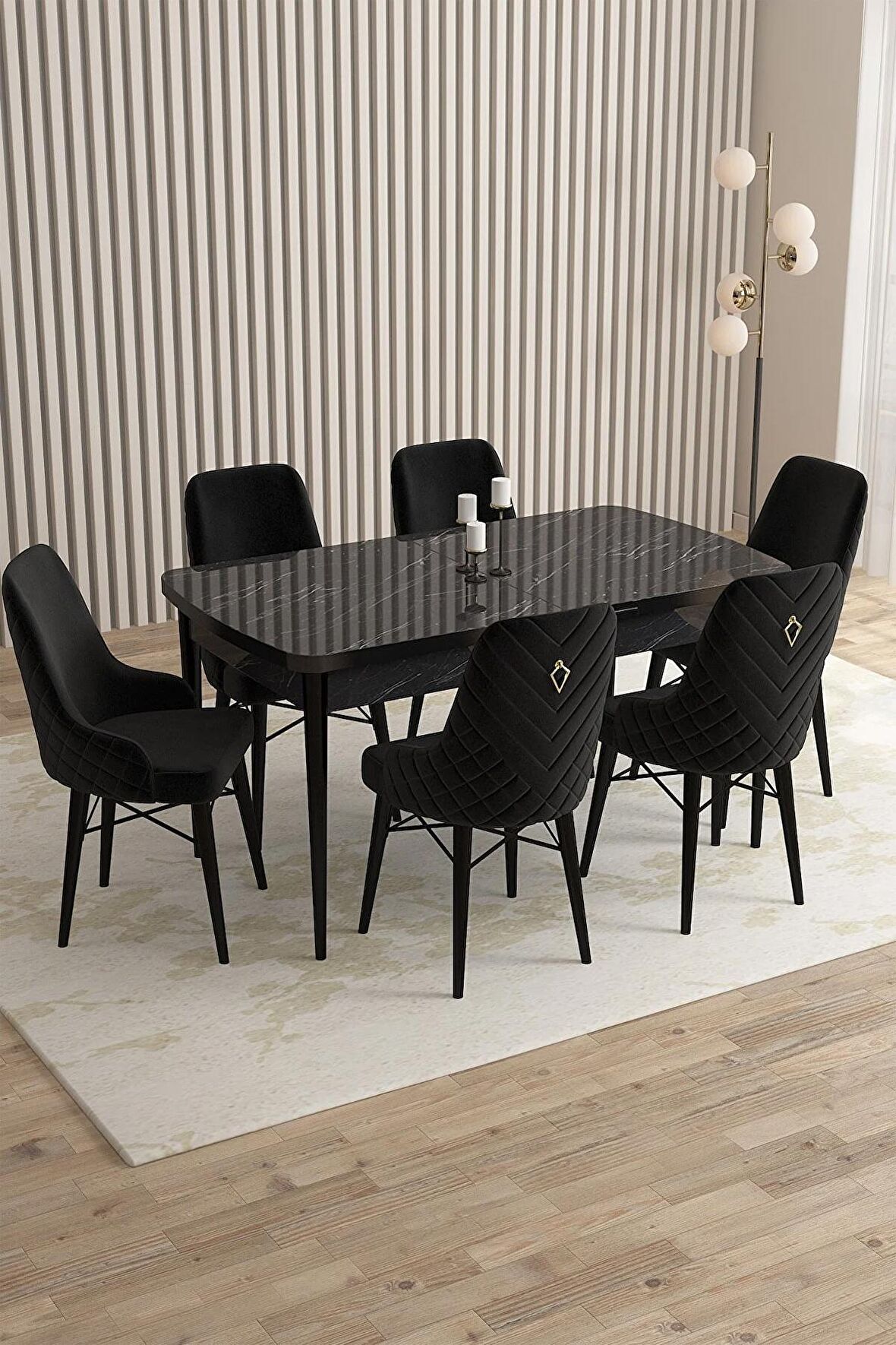 Rovena Queen Siyah Mermer 80x132 Açılabilir Suntalam Mutfak Masası Takımı 6 Adet Sandalye