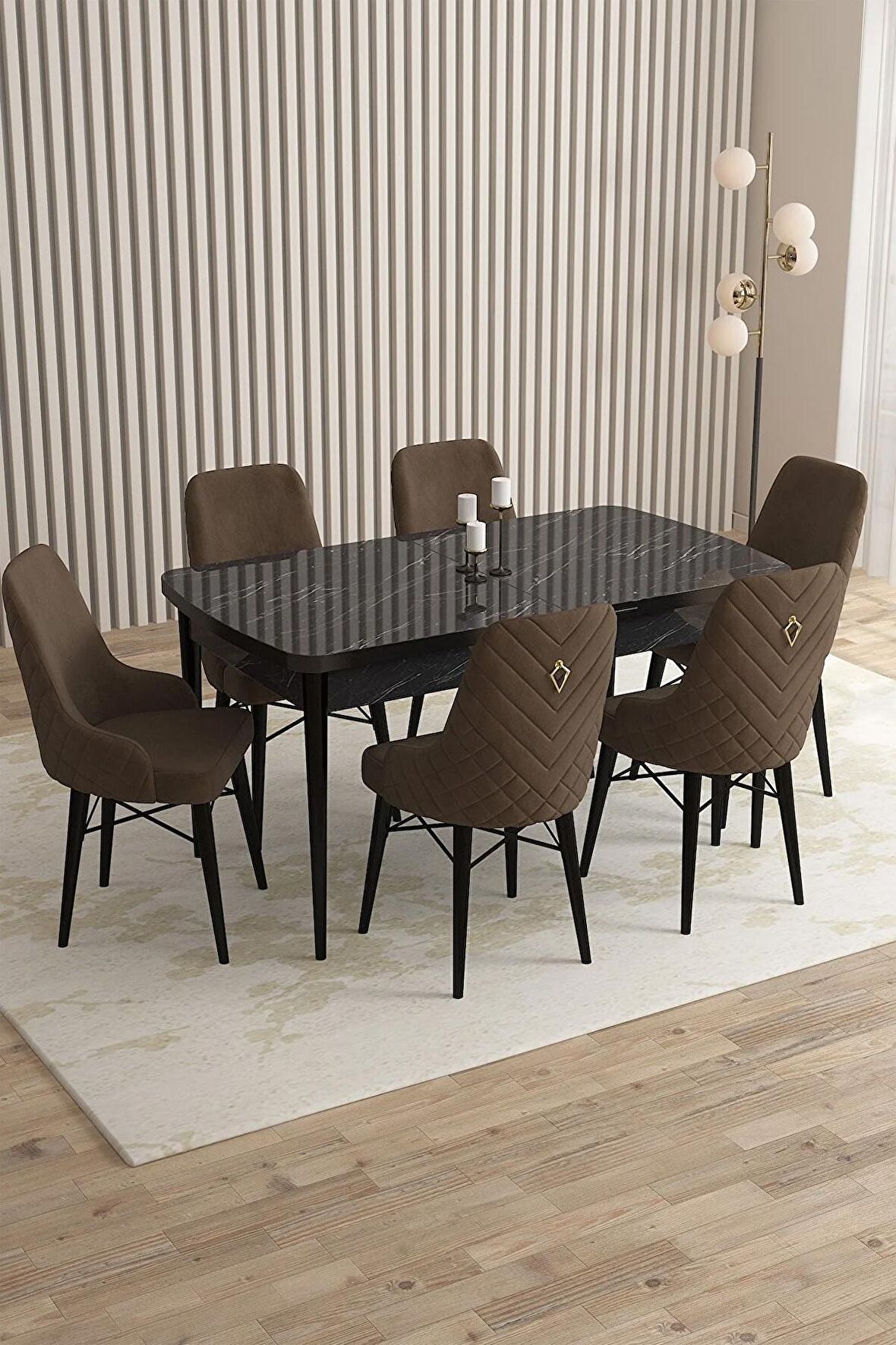 Rovena Queen Siyah Mermer 80x132 Açılabilir Suntalam Mutfak Masası Takımı 6 Adet Sandalye
