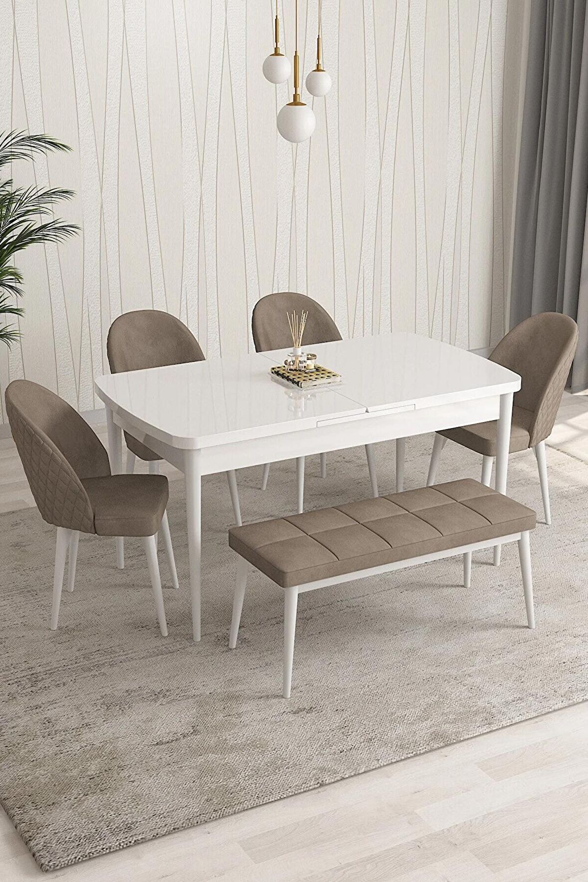 Rovena Modica Beyaz 80x132 Açılabilir Suntalam Mutfak Masası Takımı 4 Adet Sandalye+1 Bench
