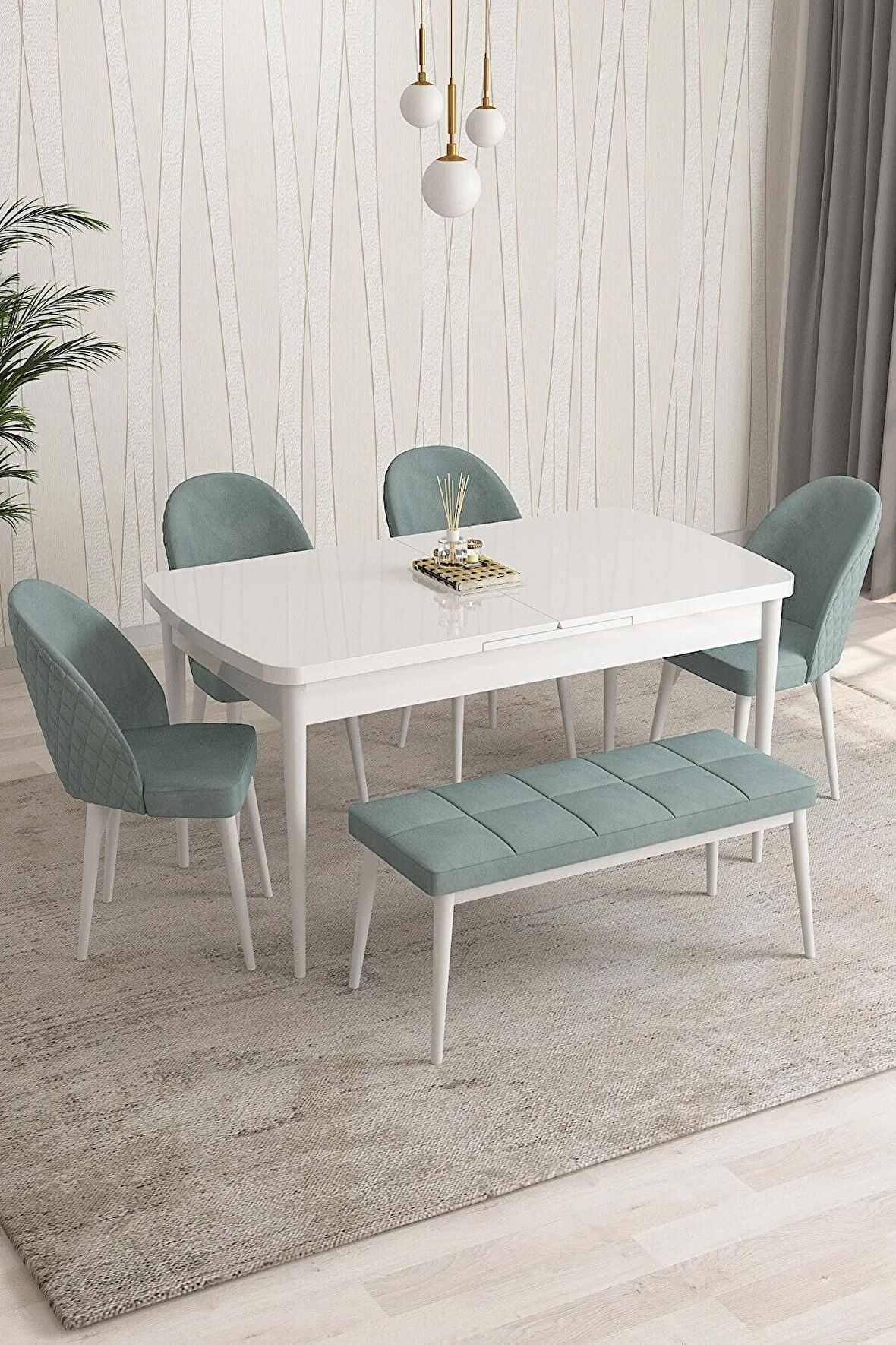 Rovena Modica Beyaz 80x132 Açılabilir Suntalam Mutfak Masası Takımı 4 Adet Sandalye+1 Bench