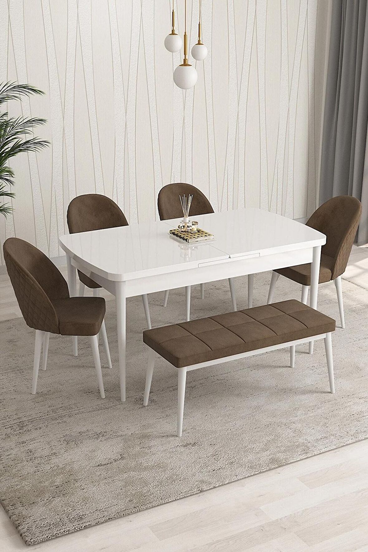 Rovena Modica Beyaz 80x132 Açılabilir Suntalam Mutfak Masası Takımı 4 Adet Sandalye+1 Bench