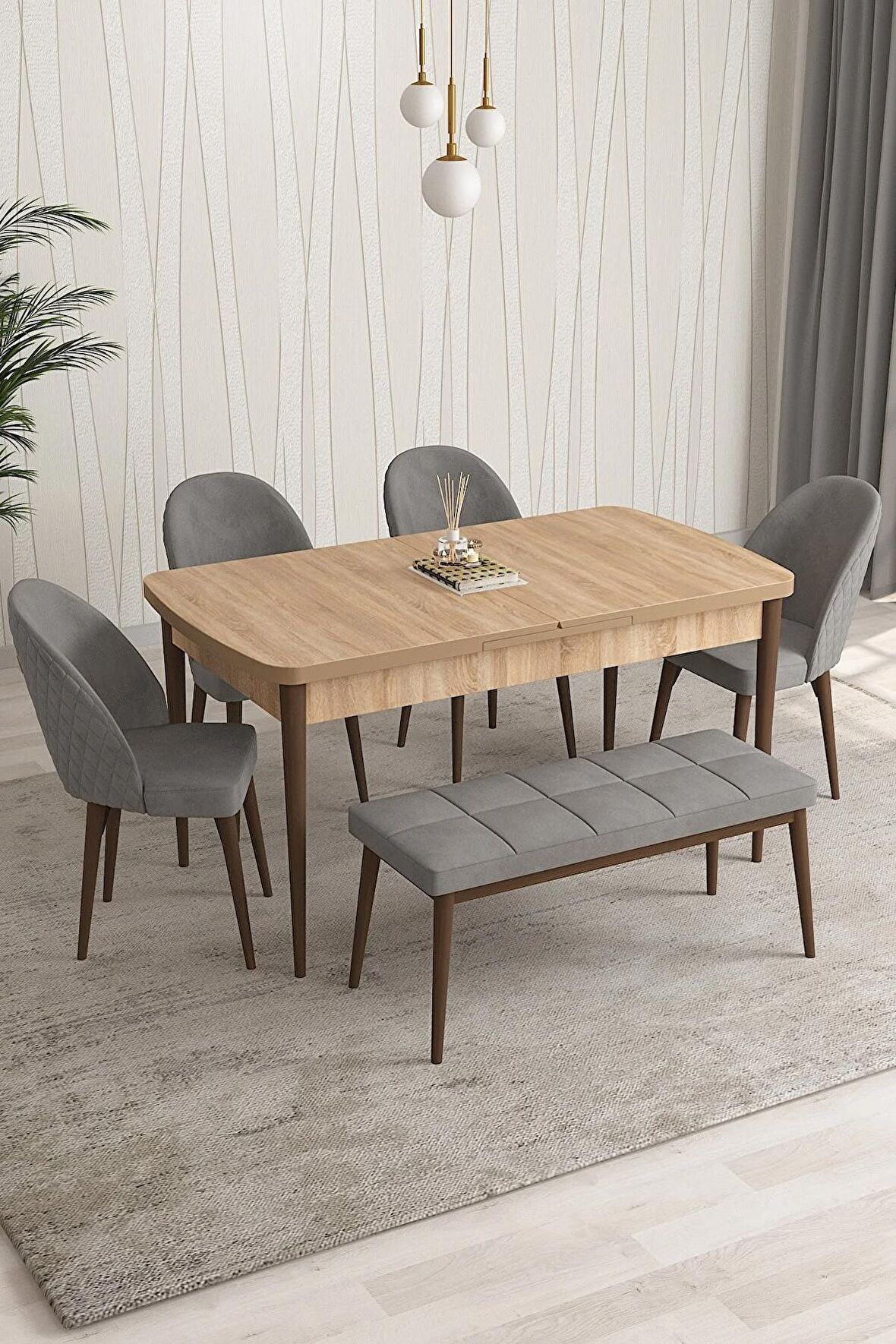 Rovena Modica Meşe 80x132 Açılabilir Suntalam Mutfak Masası Takımı 4 Adet Sandalye+1 Bench