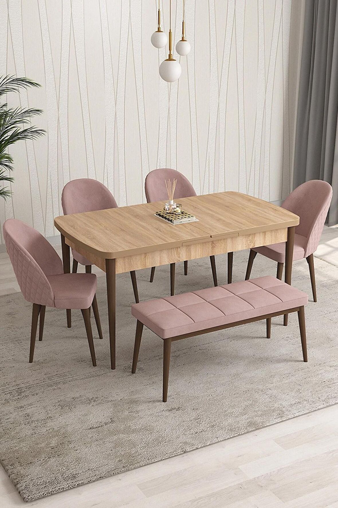 Rovena Modica Meşe 80x132 Açılabilir Suntalam Mutfak Masası Takımı 4 Adet Sandalye+1 Bench