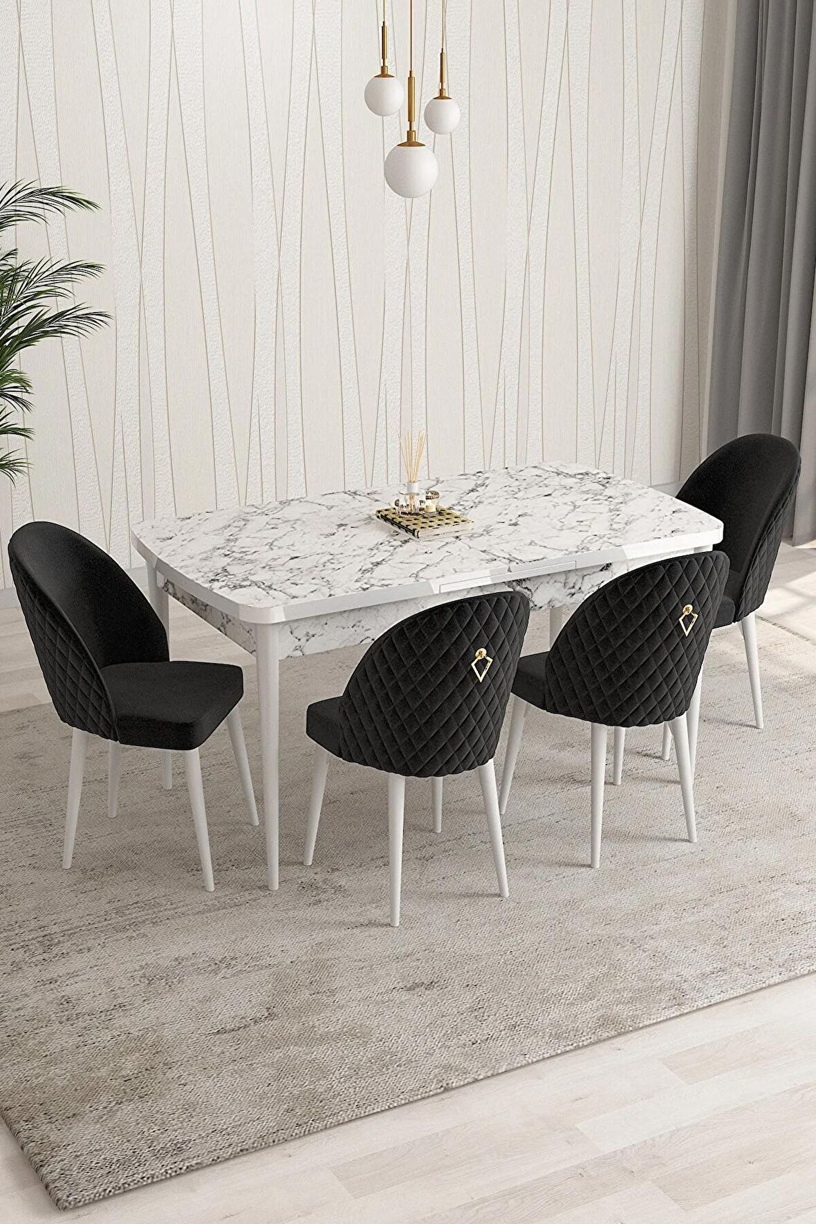 Rovena Modica Beyaz Mermer 80x132 Açılabilir Suntalam Mutfak Masası Takımı 4 Adet Sandalye