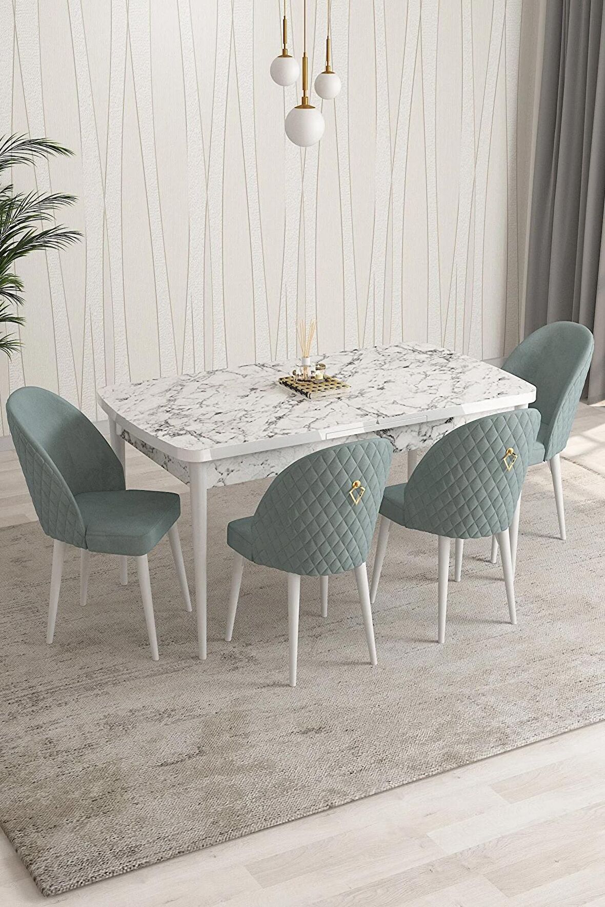 Rovena Modica Beyaz Mermer 80x132 Açılabilir Suntalam Mutfak Masası Takımı 4 Adet Sandalye