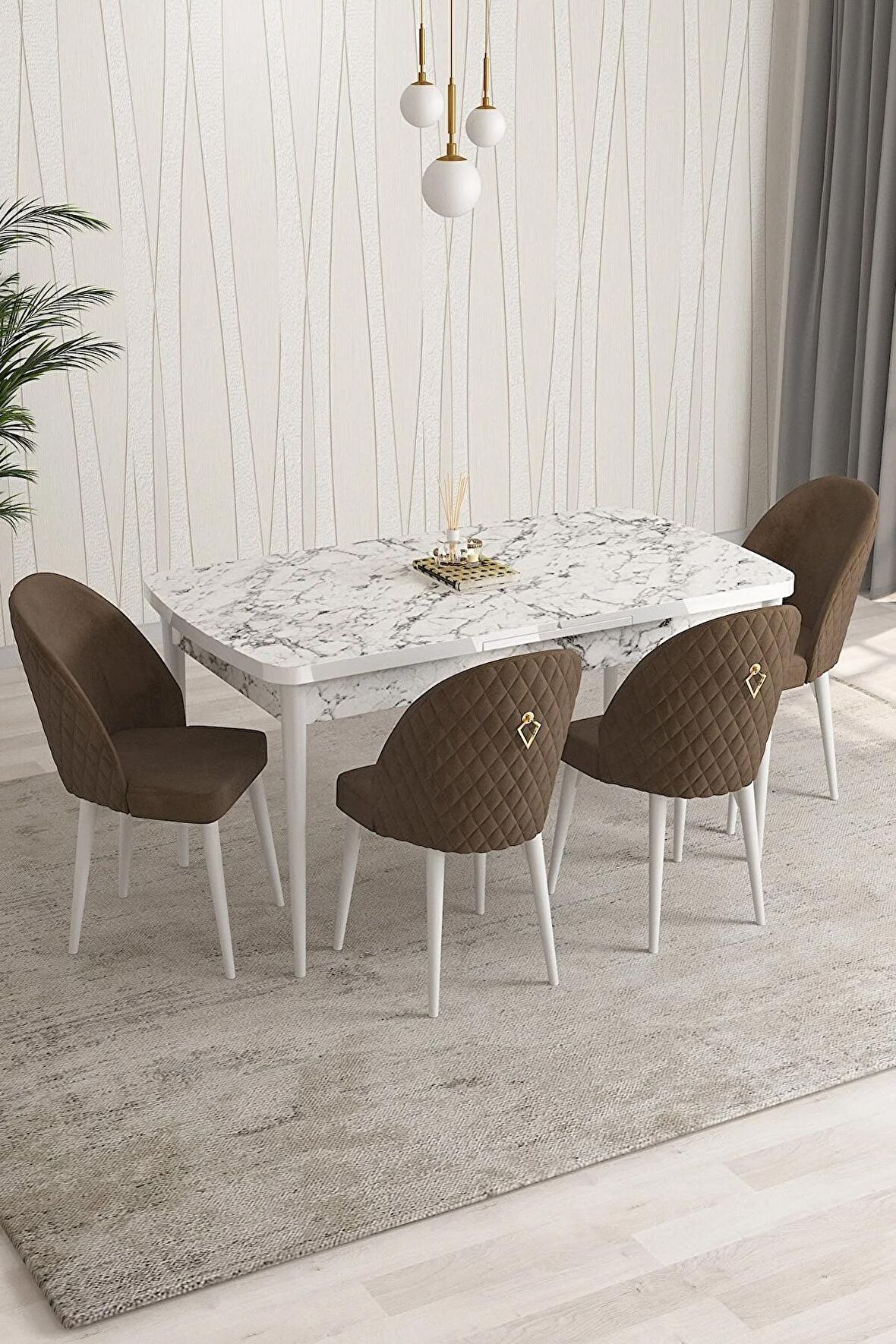 Rovena Modica Beyaz Mermer 80x132 Açılabilir Suntalam Mutfak Masası Takımı 4 Adet Sandalye