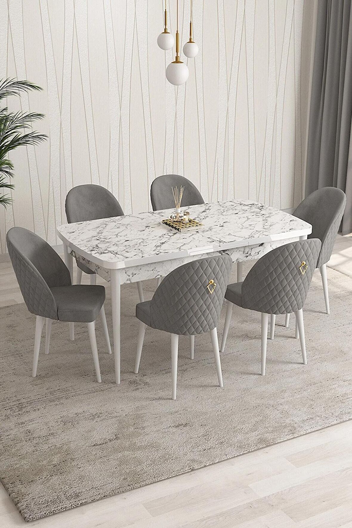 Rovena Modica Beyaz Mermer 80x132 Açılabilir Suntalam Mutfak Masası Takımı 4 Adet Sandalye+1 Bench