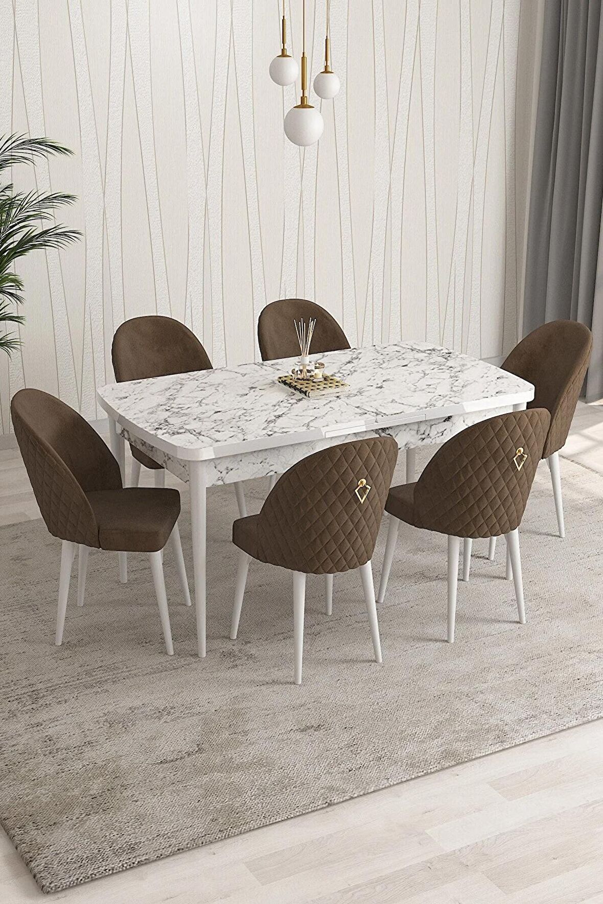 Rovena Modica Beyaz Mermer 80x132 Açılabilir Suntalam Mutfak Masası Takımı 4 Adet Sandalye+1 Bench