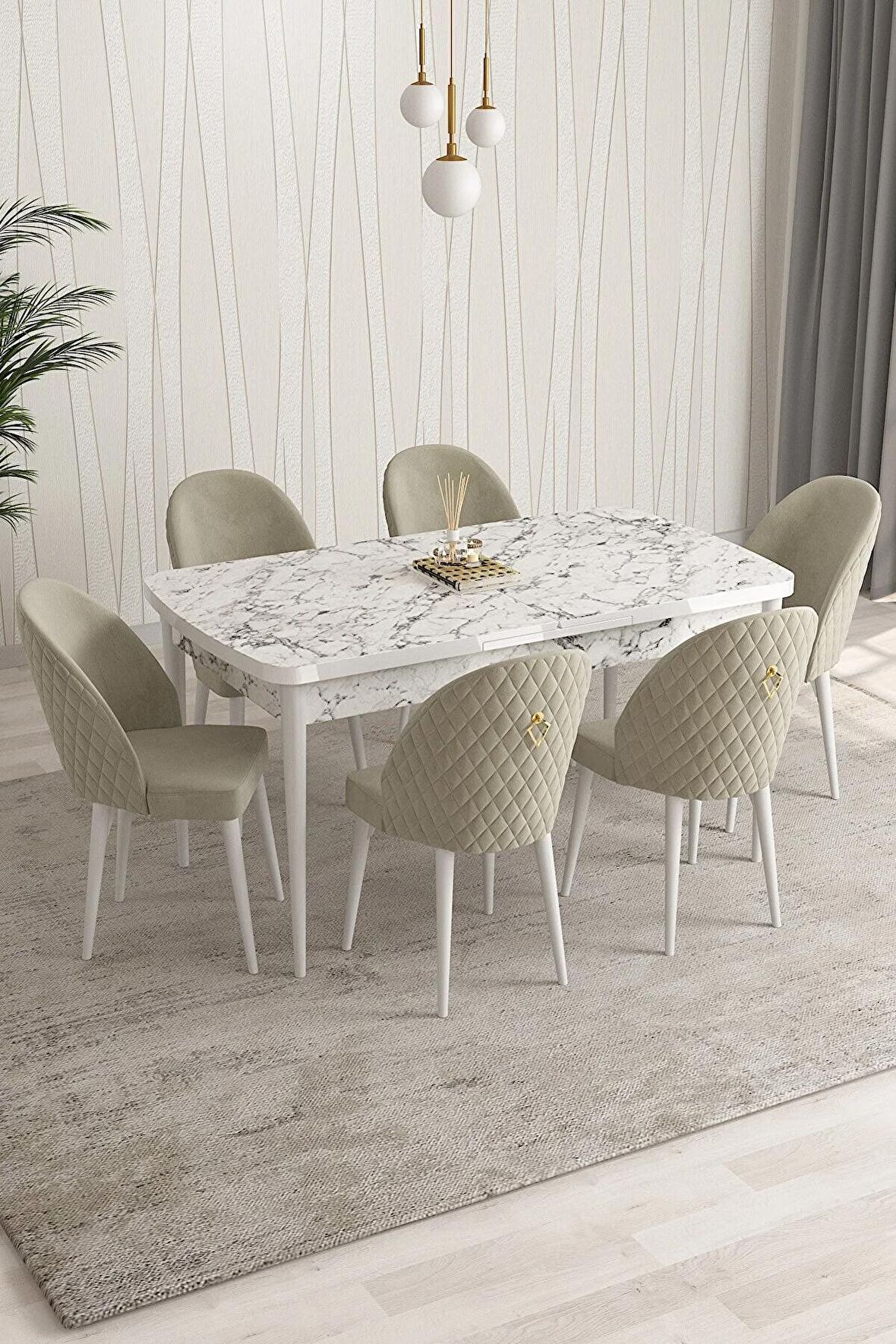 Rovena Modica Beyaz Mermer 80x132 Açılabilir Suntalam Mutfak Masası Takımı 6 Adet Sandalye