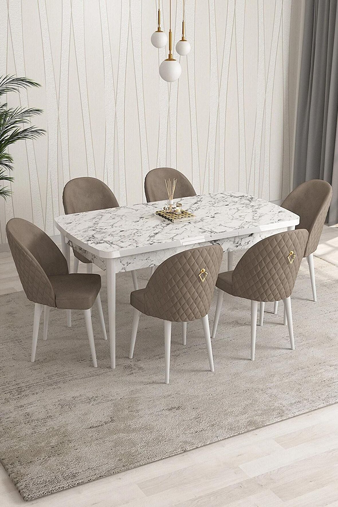 Rovena Modica Beyaz Mermer 80x132 Açılabilir Suntalam Mutfak Masası Takımı 6 Adet Sandalye