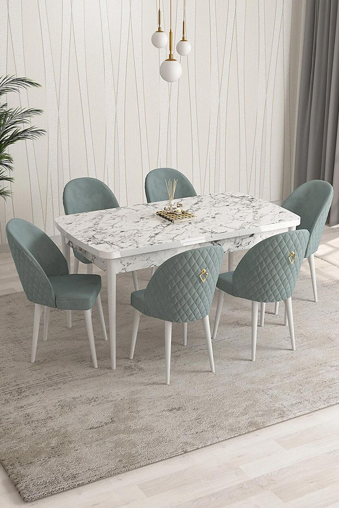 Rovena Modica Beyaz Mermer 80x132 Açılabilir Suntalam Mutfak Masası Takımı 6 Adet Sandalye