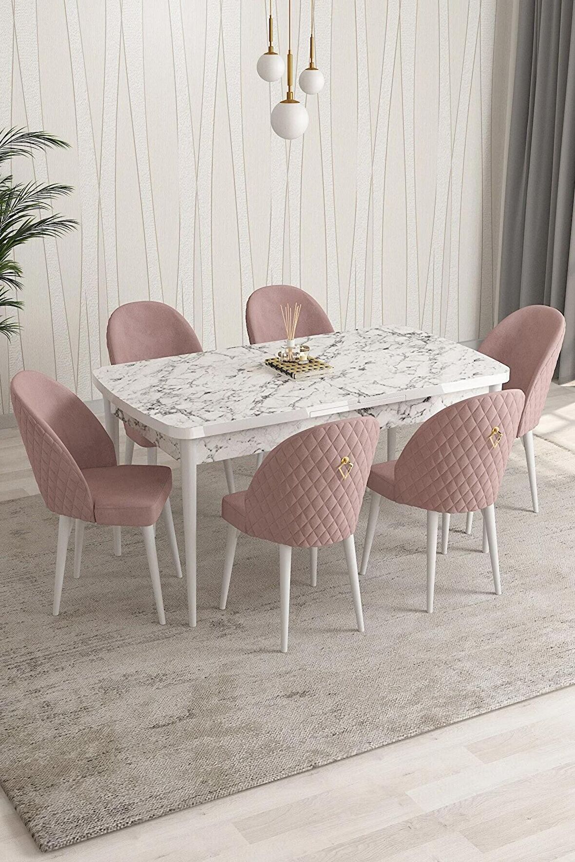 Rovena Modica Beyaz Mermer 80x132 Açılabilir Suntalam Mutfak Masası Takımı 6 Adet Sandalye