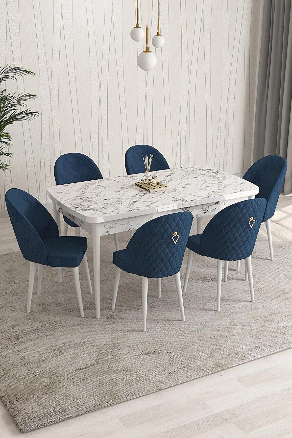 Rovena Modica Beyaz Mermer 80x132 Açılabilir Suntalam Mutfak Masası Takımı 6 Adet Sandalye