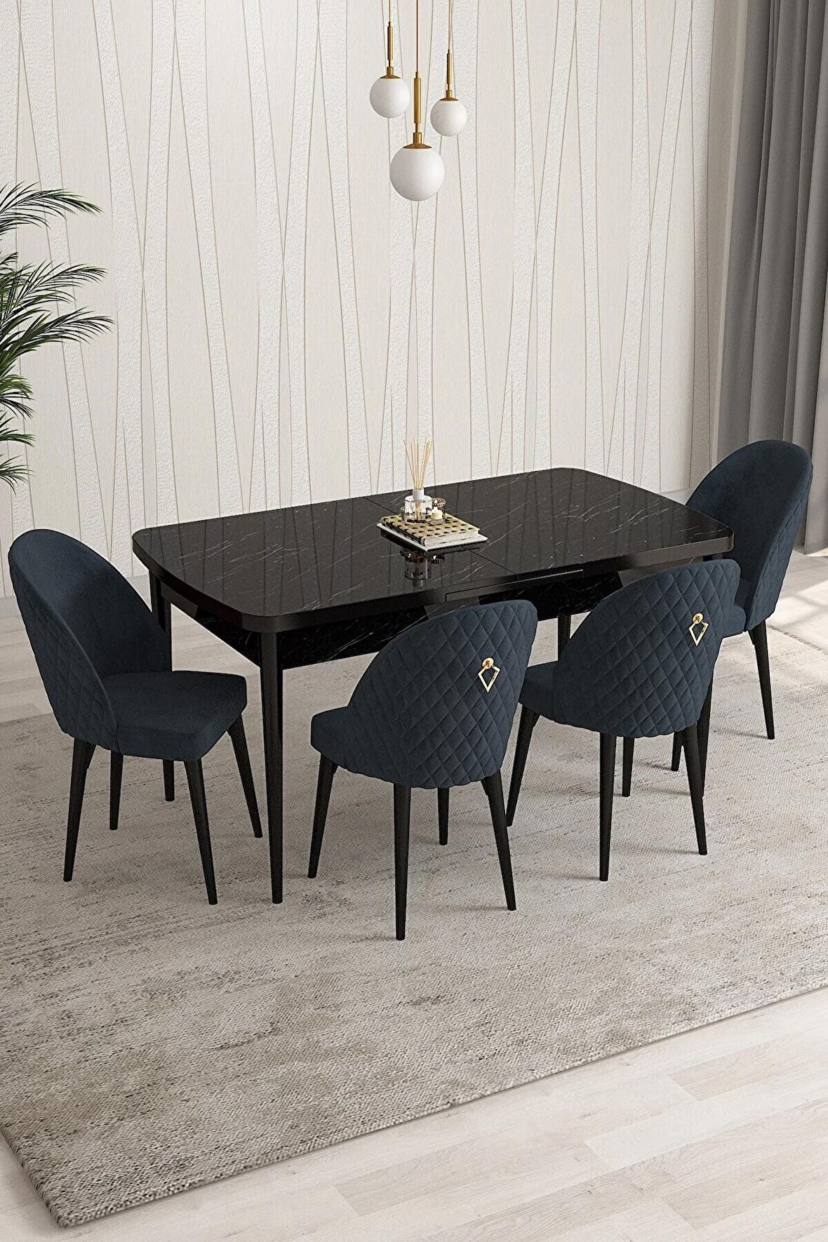 Rovena Modica Siyah Mermer 80x132 Açılabilir Suntalam Mutfak Masası Takımı 4 Adet Sandalye