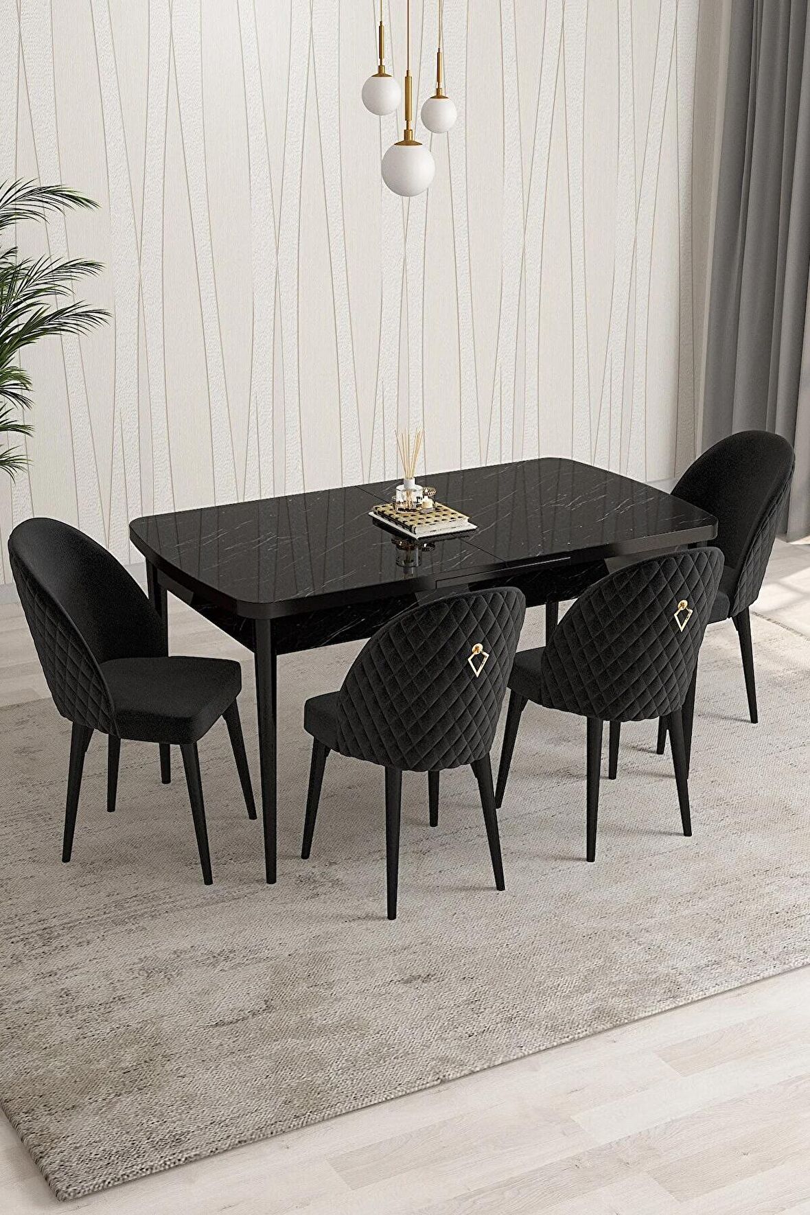 Rovena Modica Siyah Mermer 80x132 Açılabilir Suntalam Mutfak Masası Takımı 4 Adet Sandalye