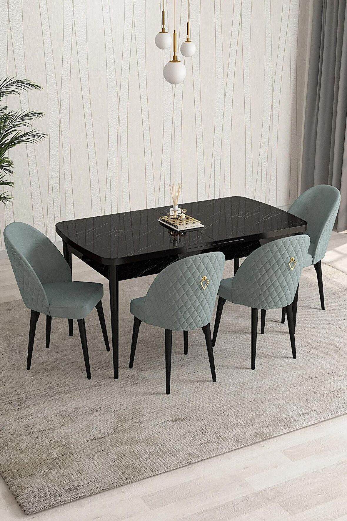 Rovena Modica Siyah Mermer 80x132 Açılabilir Suntalam Mutfak Masası Takımı 4 Adet Sandalye