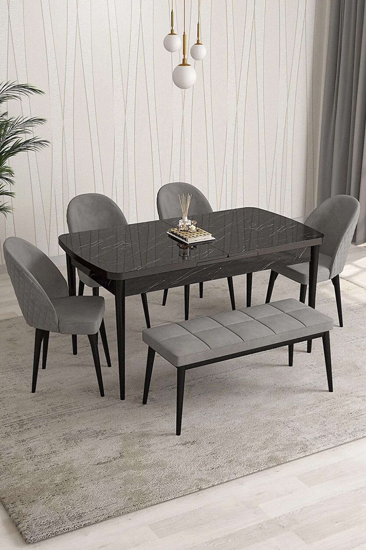 Rovena Modica Siyah Mermer 80x132 Açılabilir Suntalam Mutfak Masası Takımı 4 Adet Sandalye+1 Bench