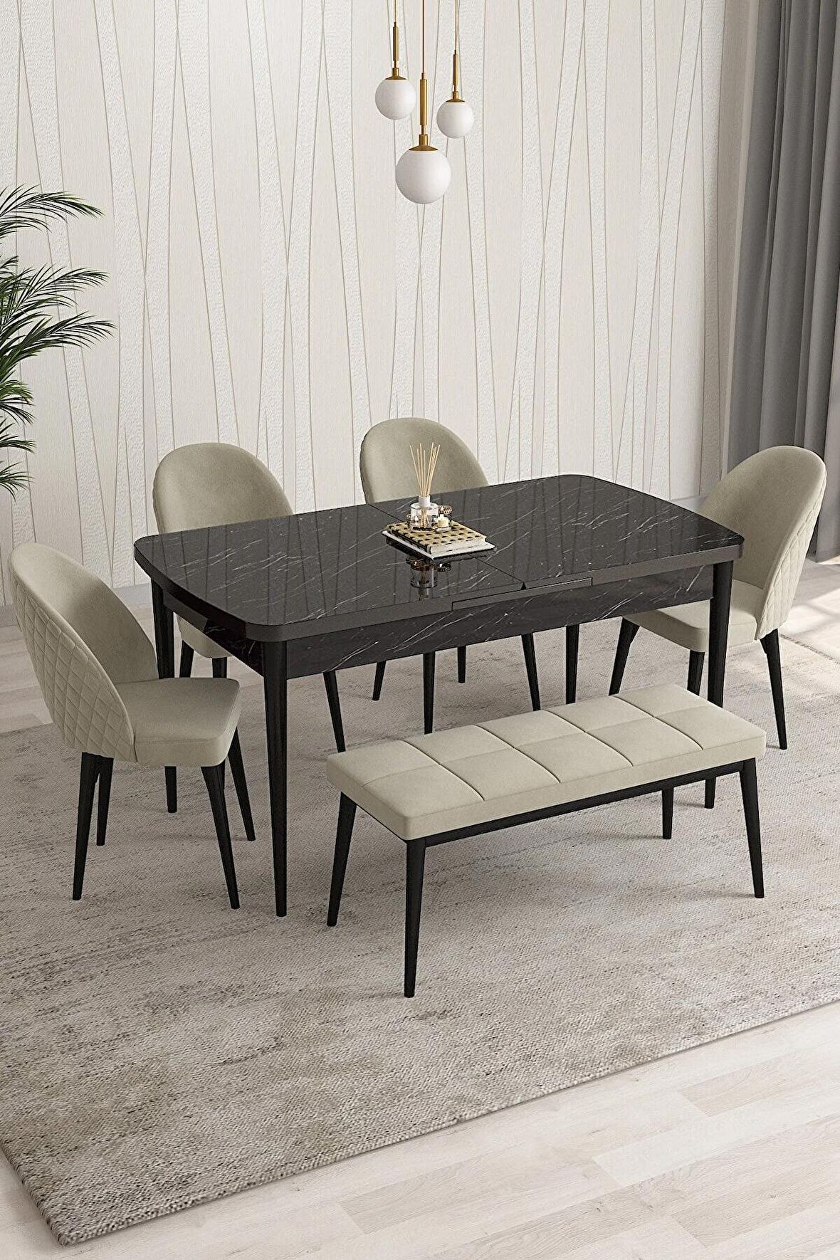 Rovena Modica Siyah Mermer 80x132 Açılabilir Suntalam Mutfak Masası Takımı 4 Adet Sandalye+1 Bench