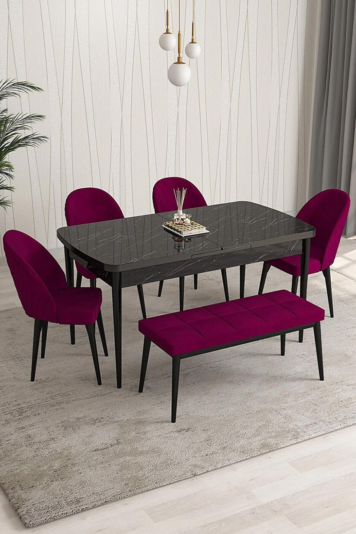 Rovena Modica Siyah Mermer 80x132 Açılabilir Suntalam Mutfak Masası Takımı 4 Adet Sandalye+1 Bench