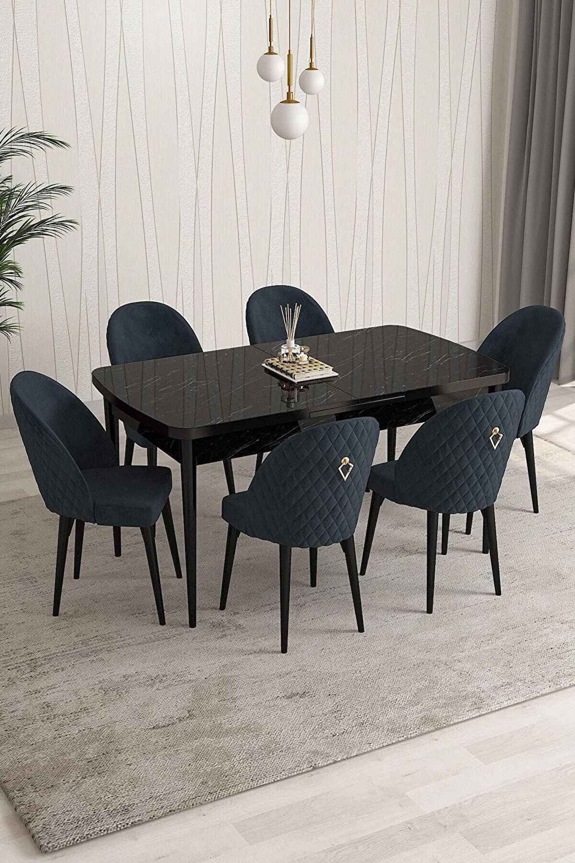 Rovena Modica Siyah Mermer 80x132 Açılabilir Suntalam Mutfak Masası Takımı 6 Adet Sandalye