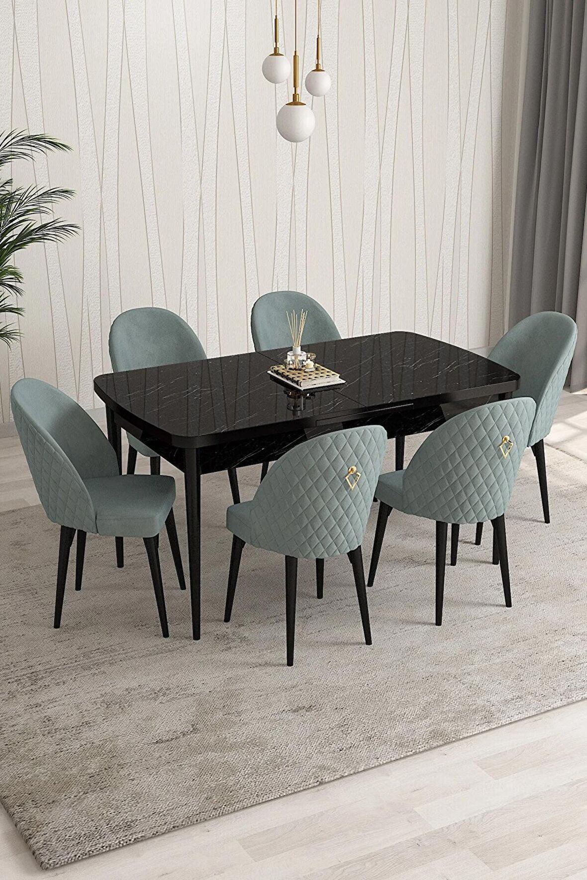 Rovena Modica Siyah Mermer 80x132 Açılabilir Suntalam Mutfak Masası Takımı 6 Adet Sandalye