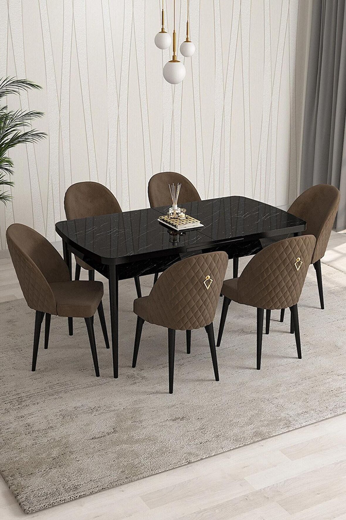 Rovena Modica Siyah Mermer 80x132 Açılabilir Suntalam Mutfak Masası Takımı 6 Adet Sandalye
