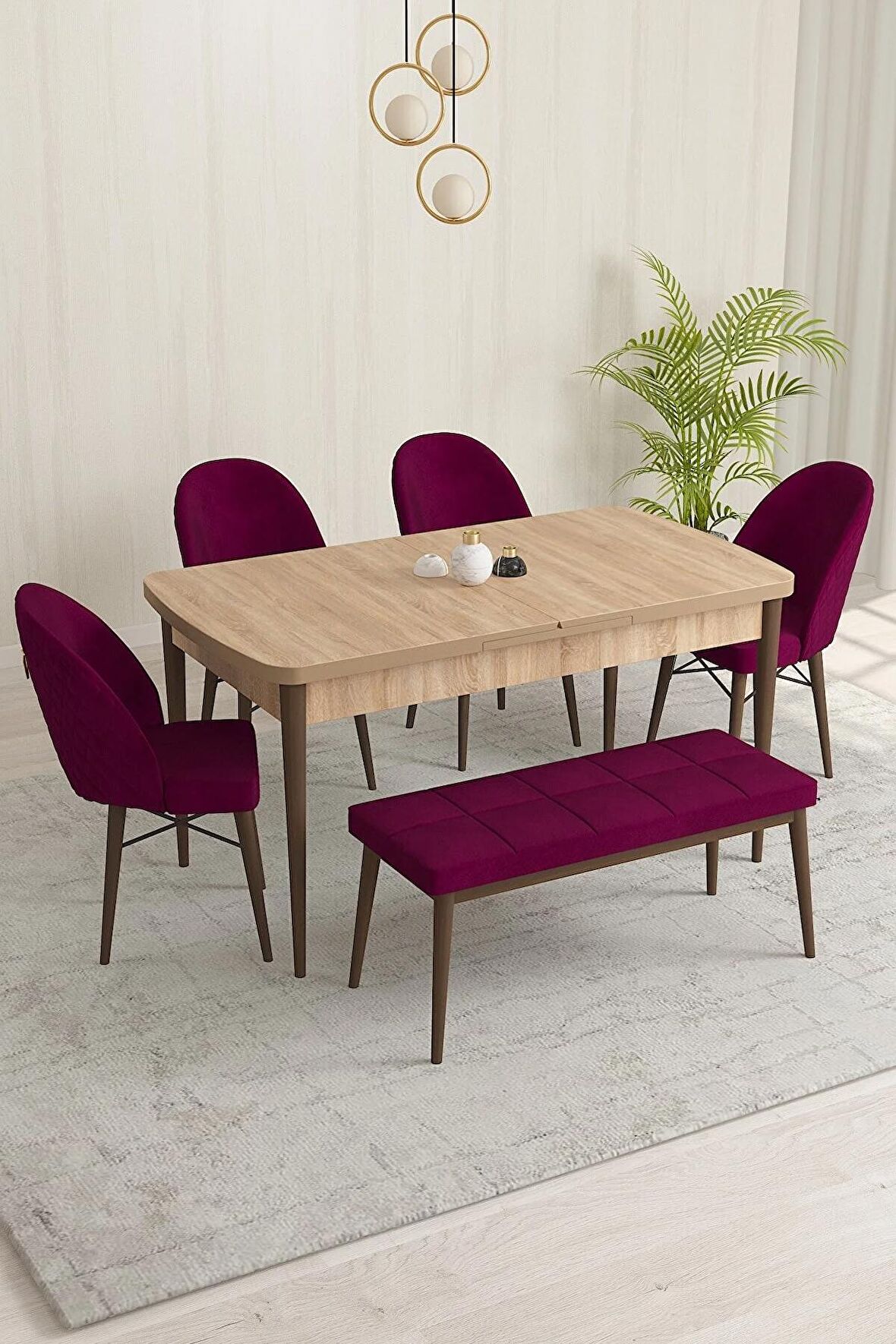 Rovena Olbia Meşe 80x132 Açılabilir Suntalam Mutfak Masası Takımı 4 Adet Sandalye+1 Bench